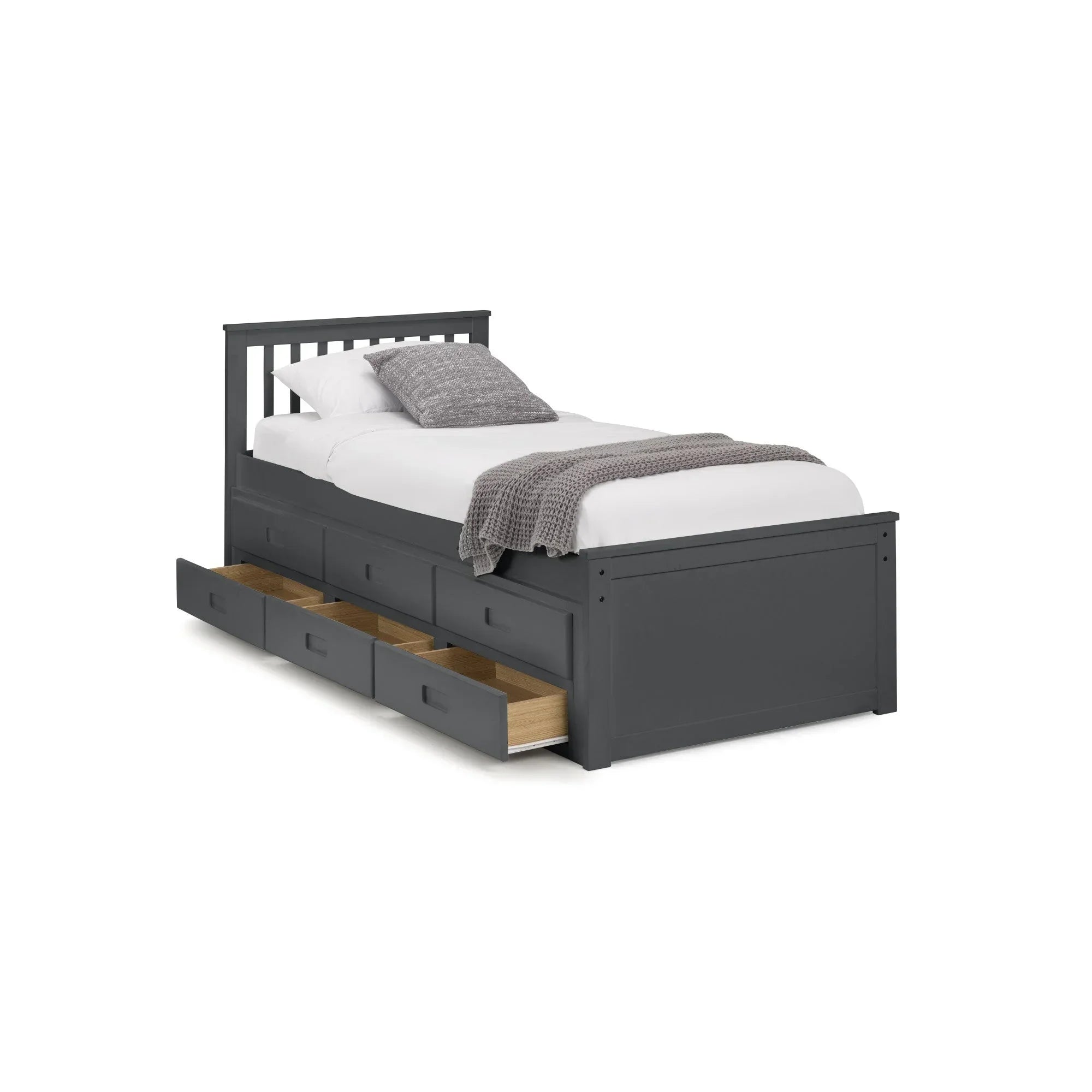 Grey single bed with slatted headboard and three underbed storage drawers, bedding included