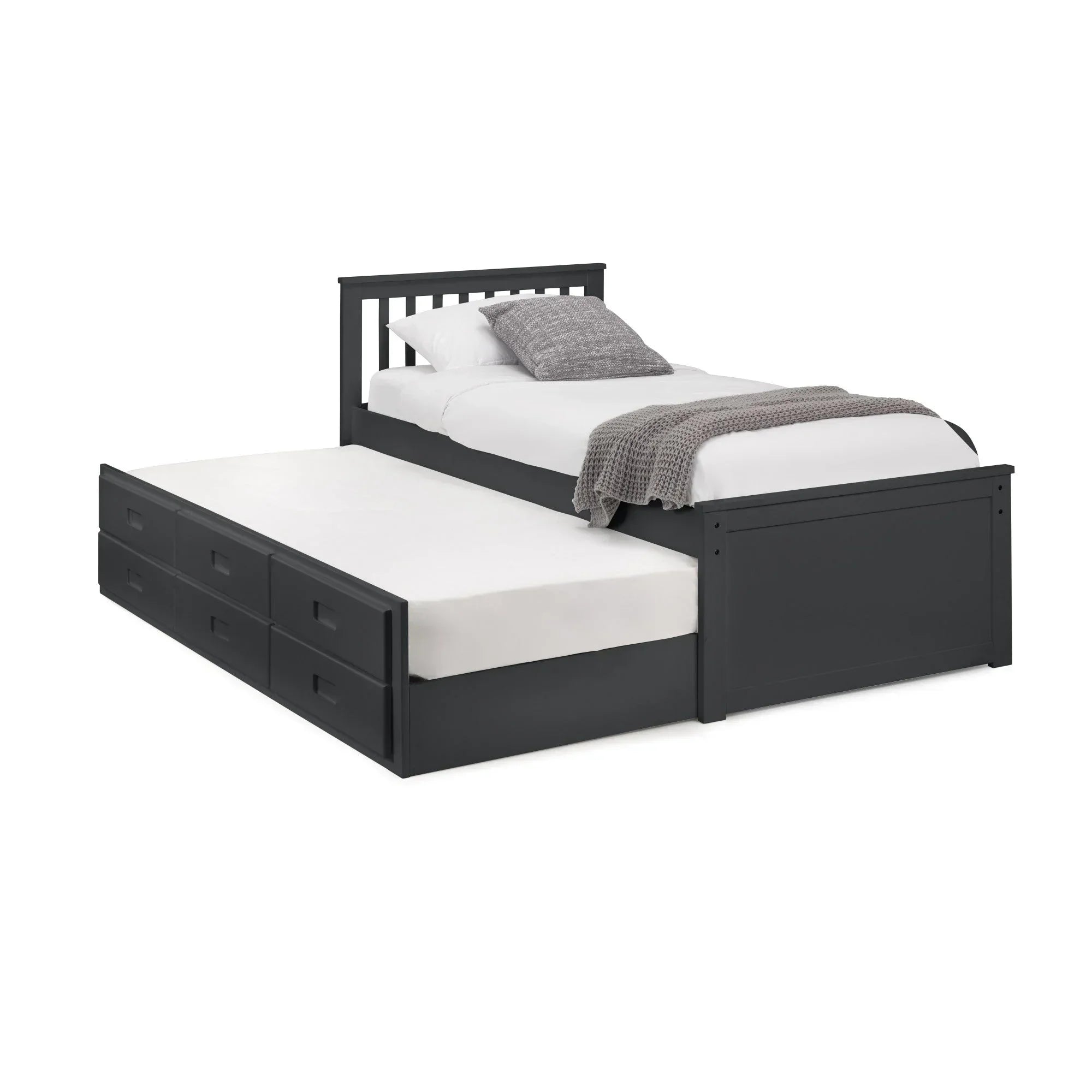 Black wooden trundle bed with slatted headboard and six storage drawers, side angle view