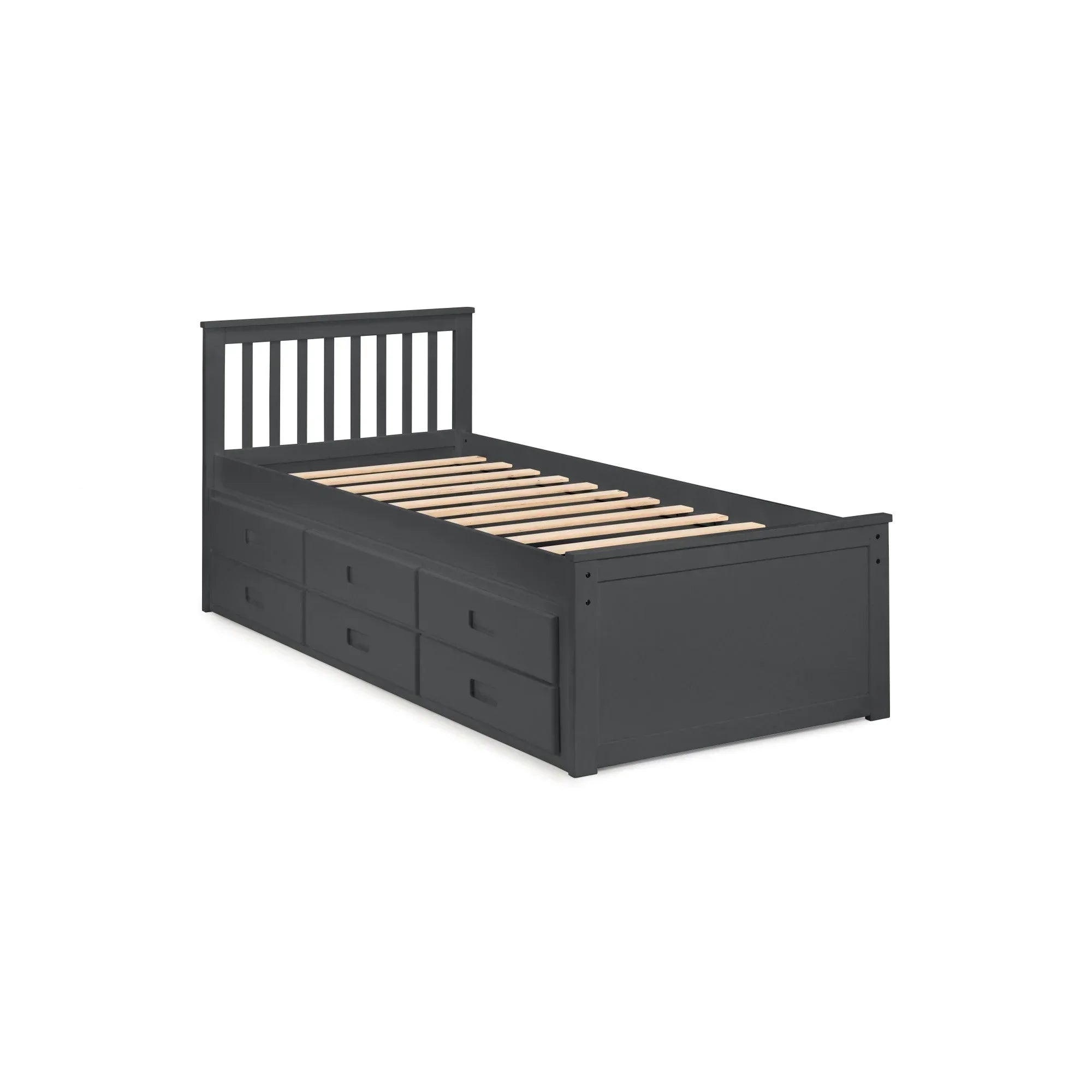 Single grey wooden storage bed frame with slatted base and three drawers on side