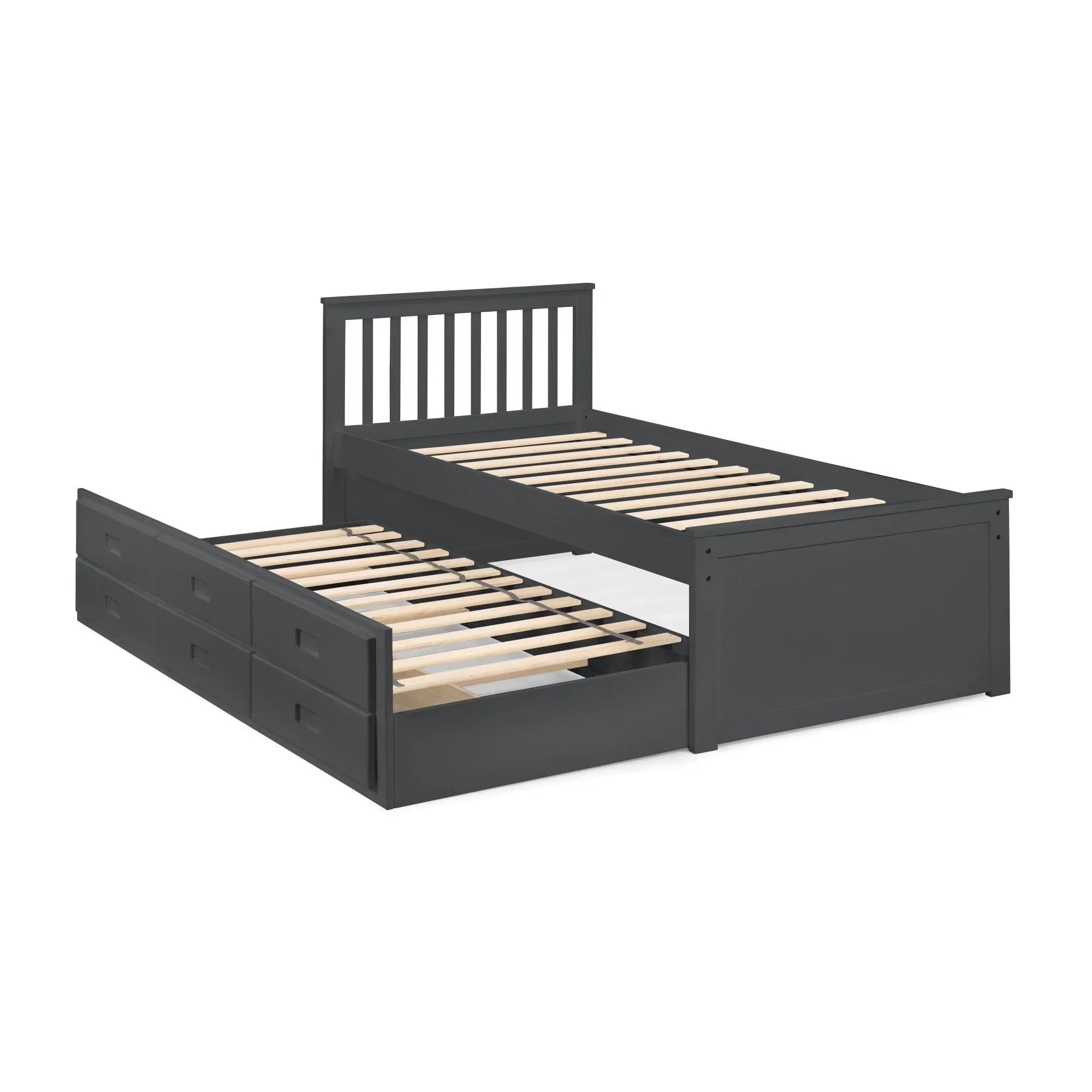 Grey wooden day bed with pull-out trundle and slatted base, front angle view
