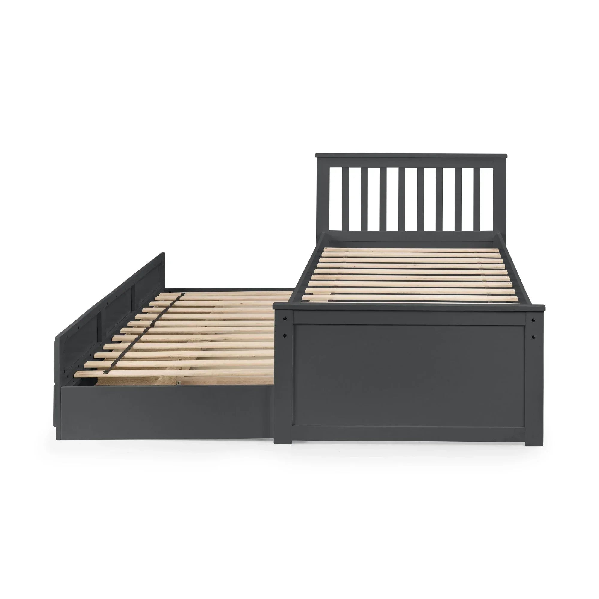 Grey wooden single bed frame with pull-out trundle and slatted headboard front view