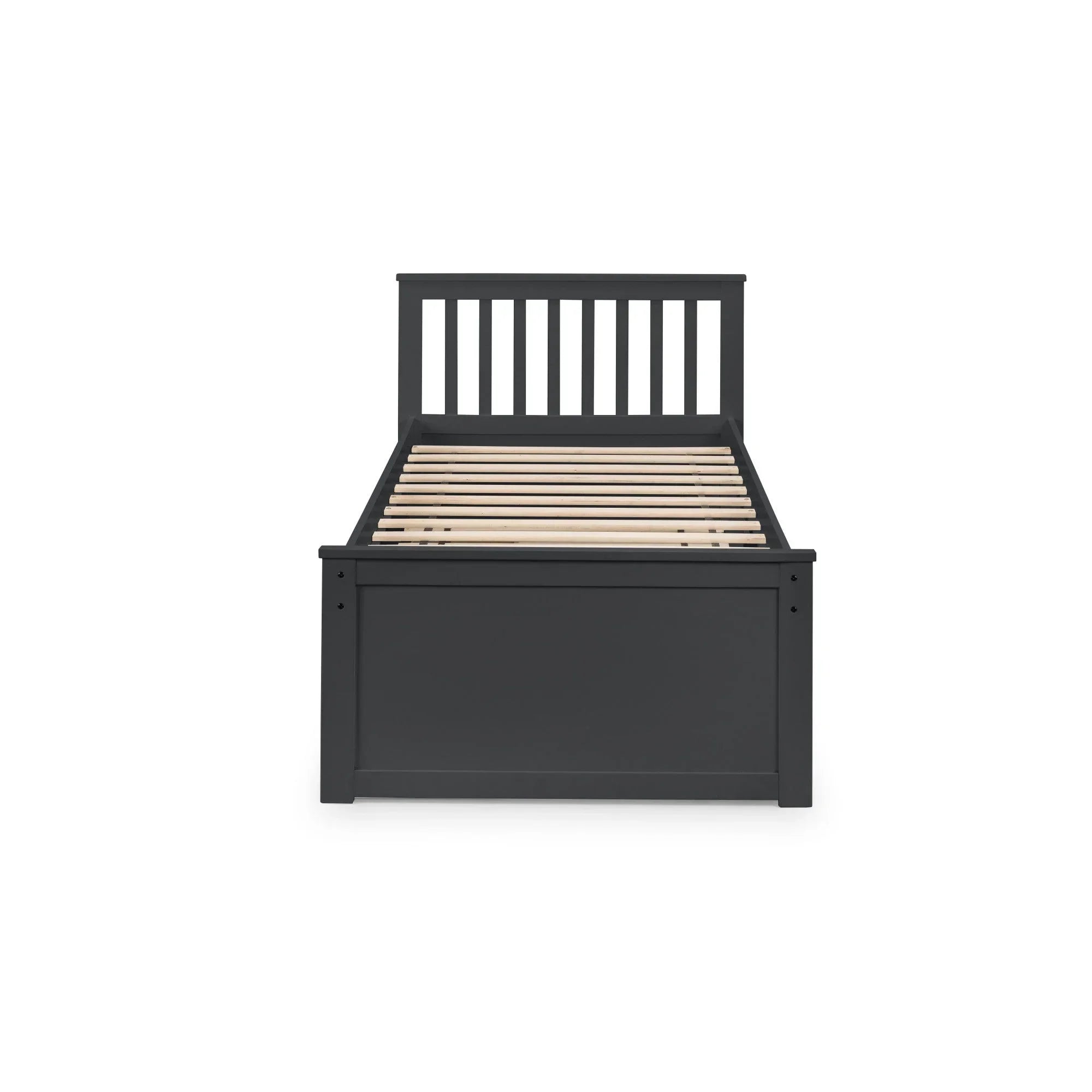Black wooden single bed frame with slatted headboard and base, front view