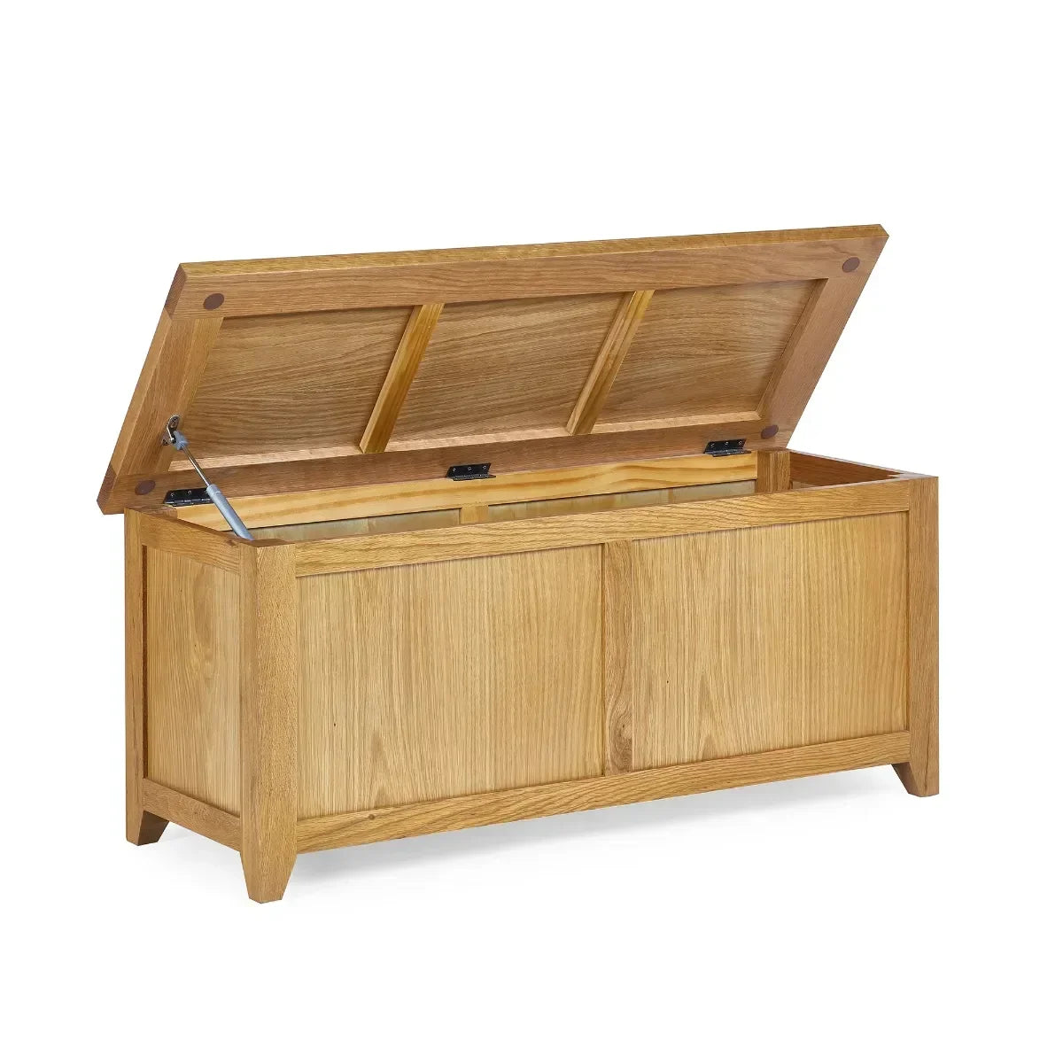 Oak storage bench with hinged lid and panel design, shown open on white background