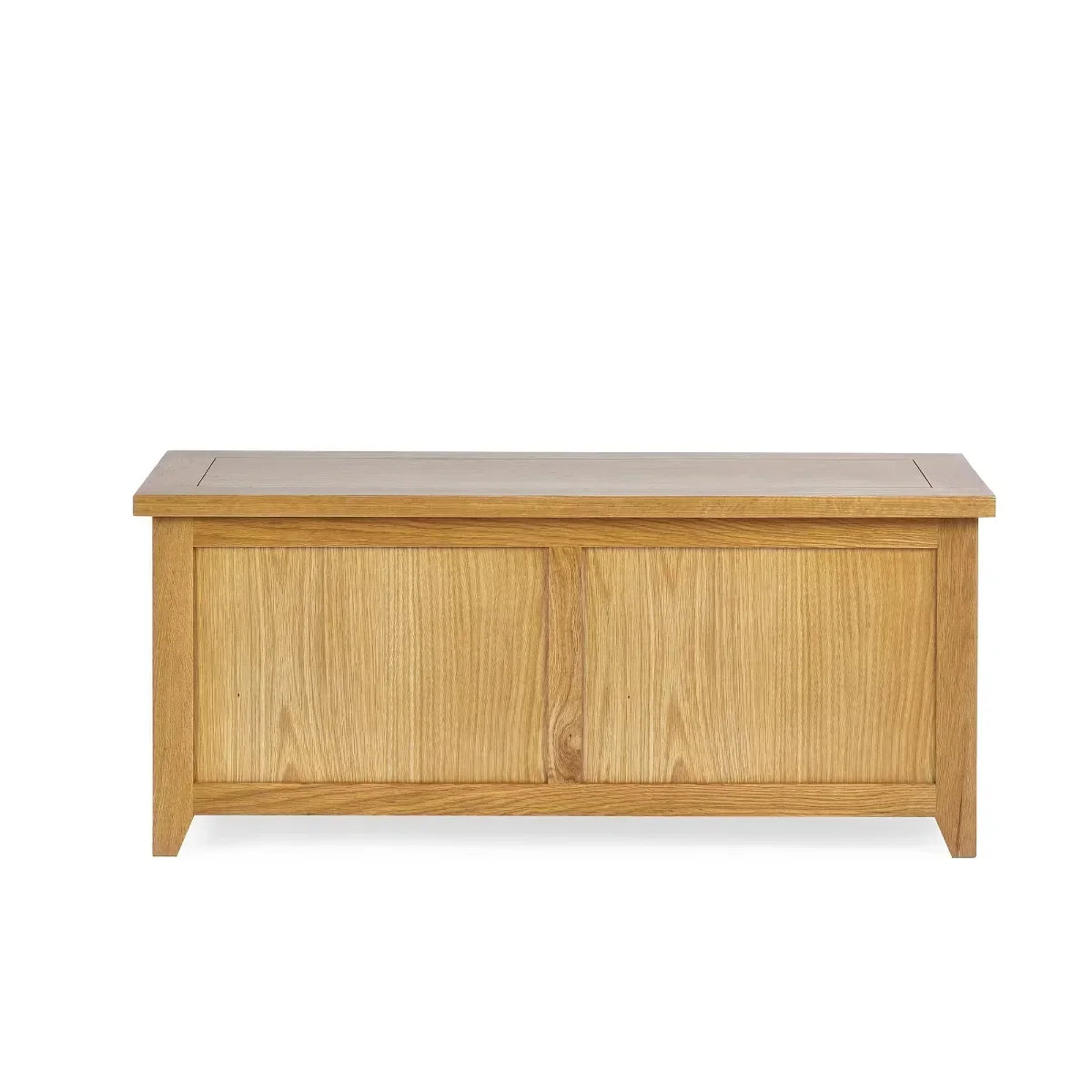 Oak storage chest with paneled front and natural wood finish