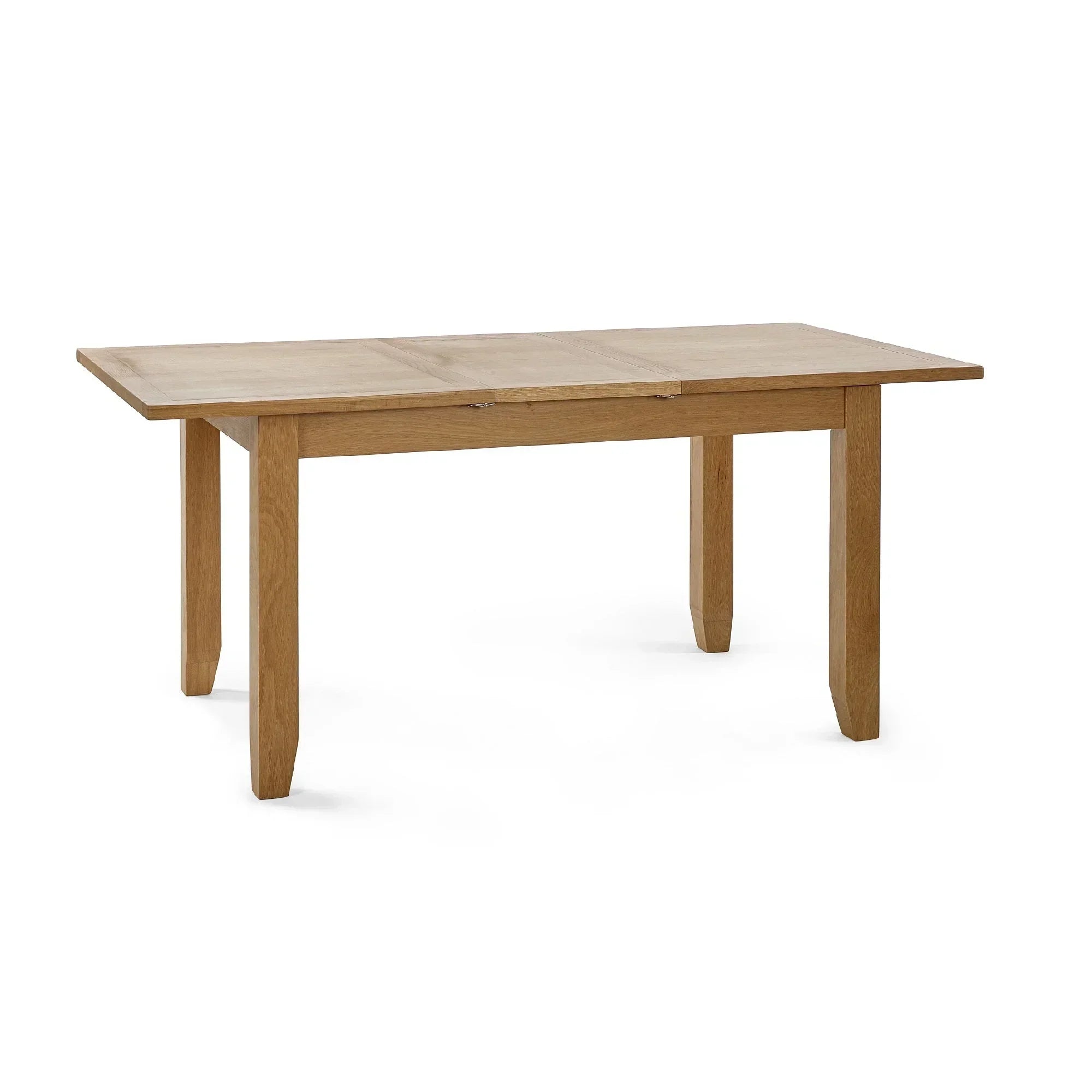 Rectangular oak dining table with extendable top and four straight legs on white background