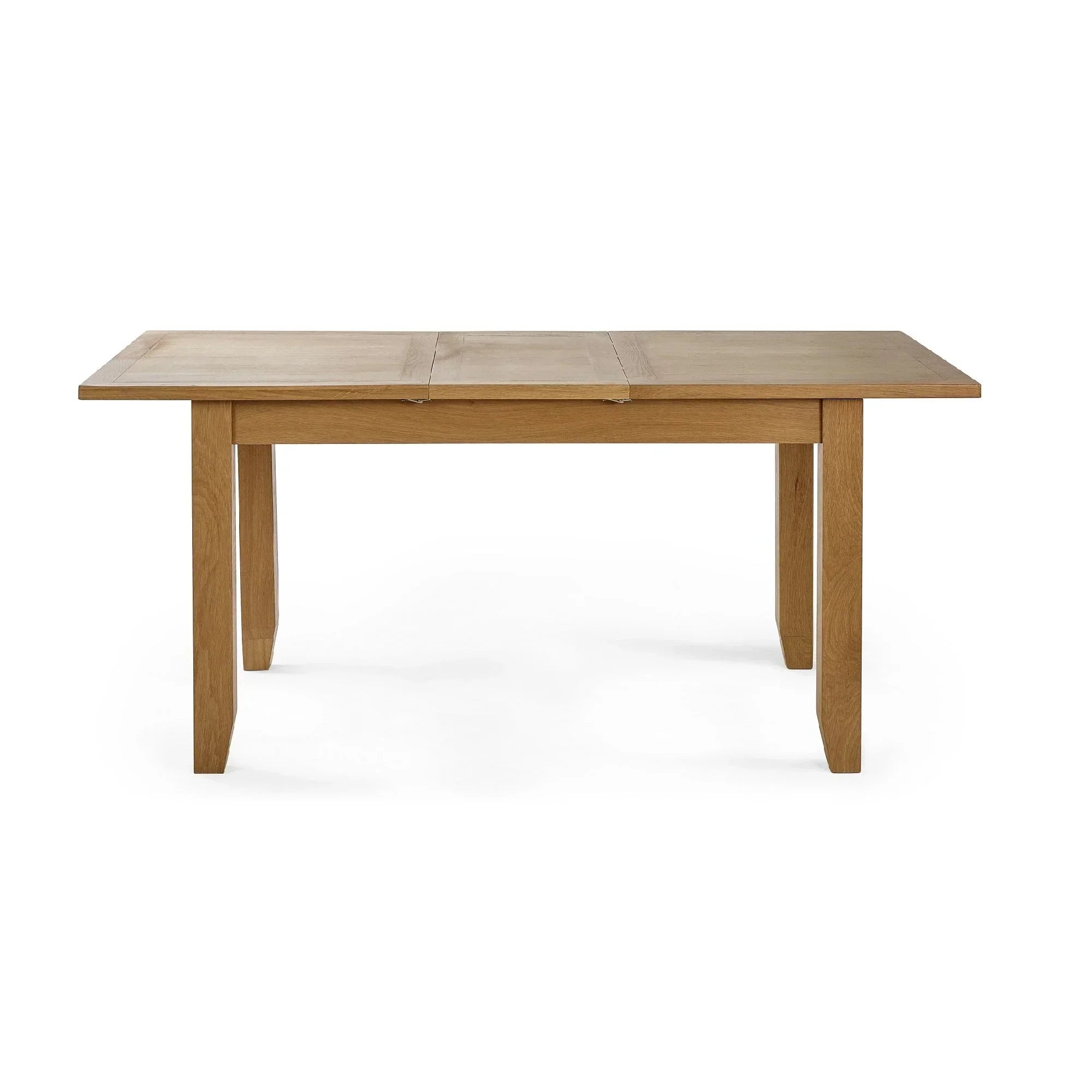 Rectangular oak dining table with straight legs and wood grain finish, front angle view
