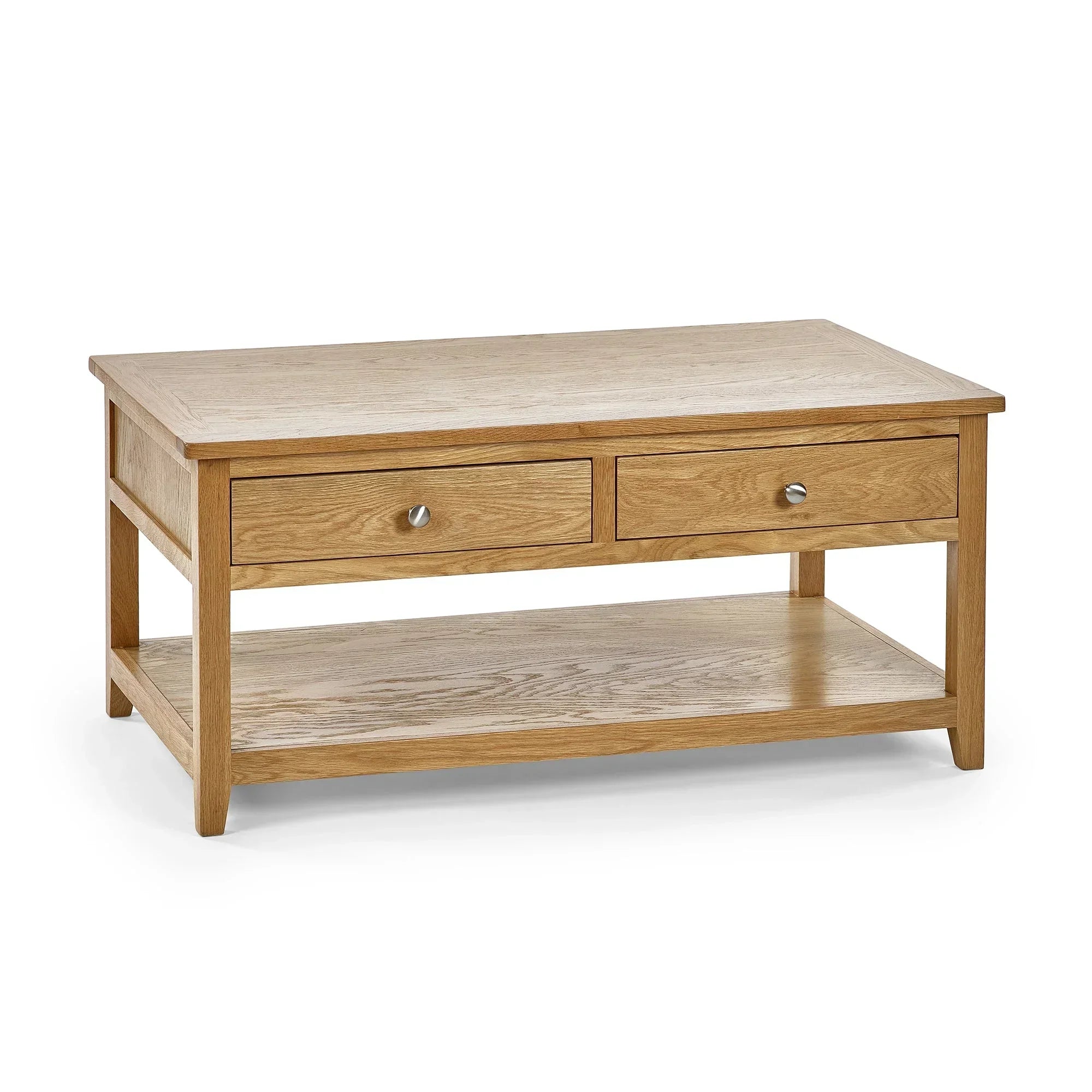 Oak coffee table with two drawers and lower shelf, shown on white background