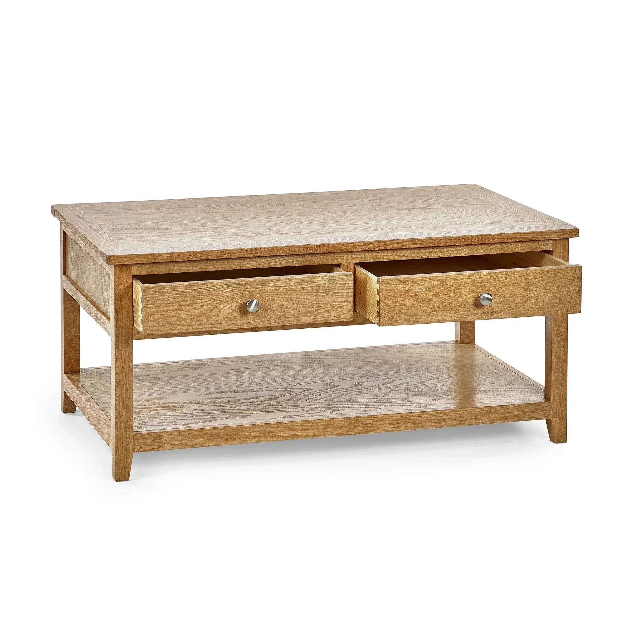 Oak coffee table with two open drawers and lower storage shelf on white background