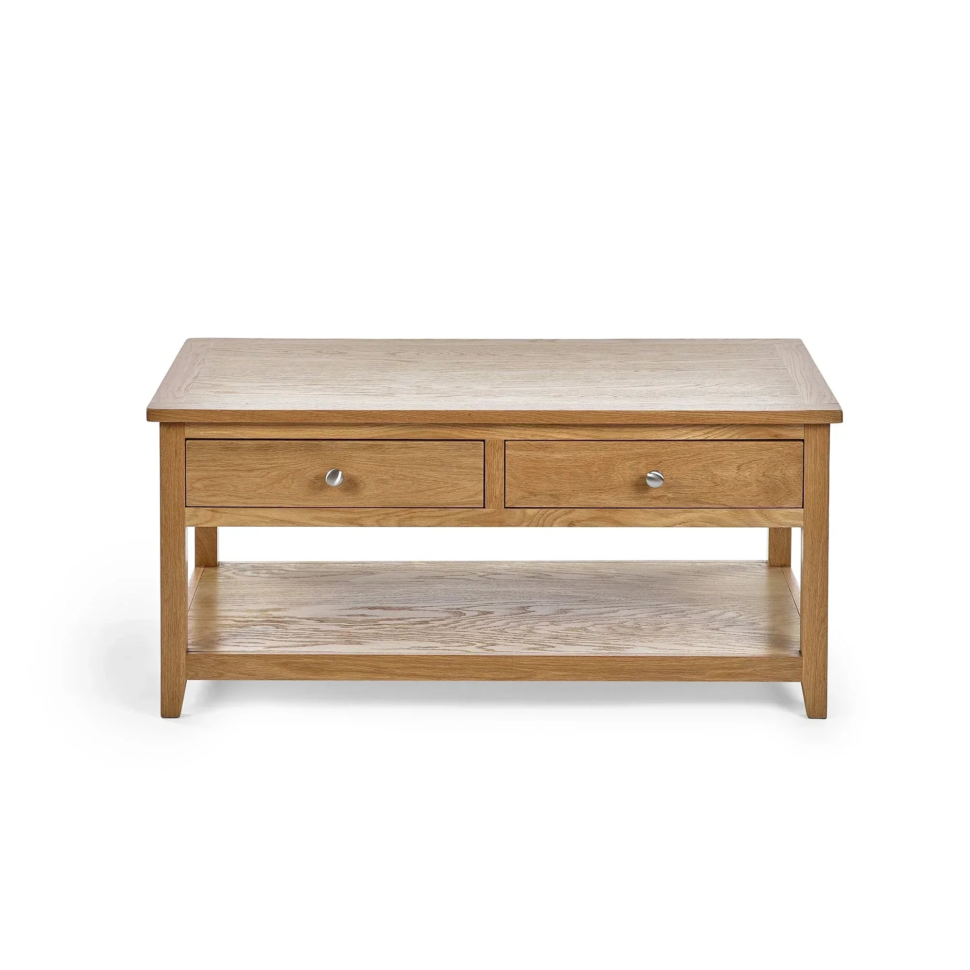 Oak coffee table with two drawers and lower shelf, front view