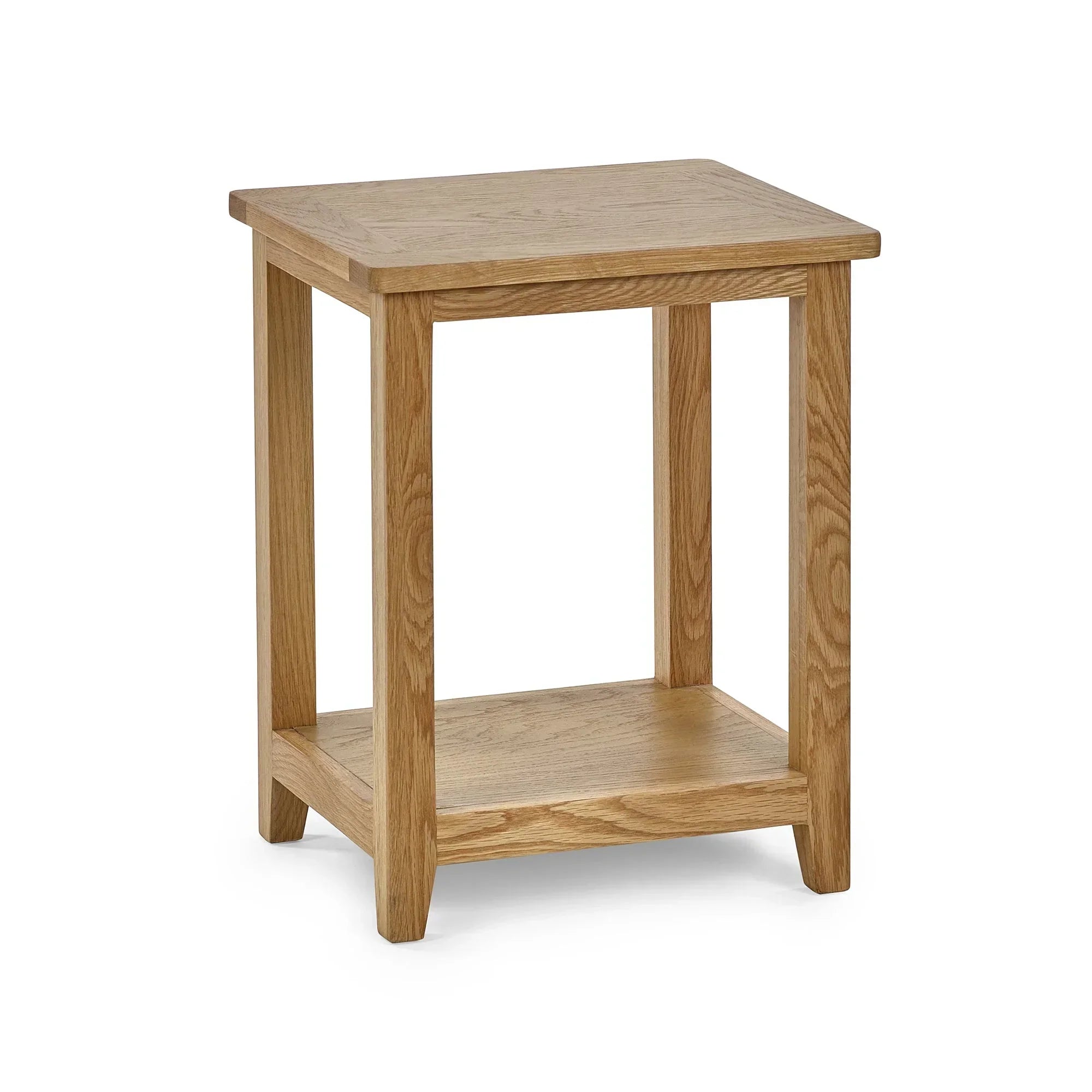 Oak lamp table with square top and lower shelf on white background