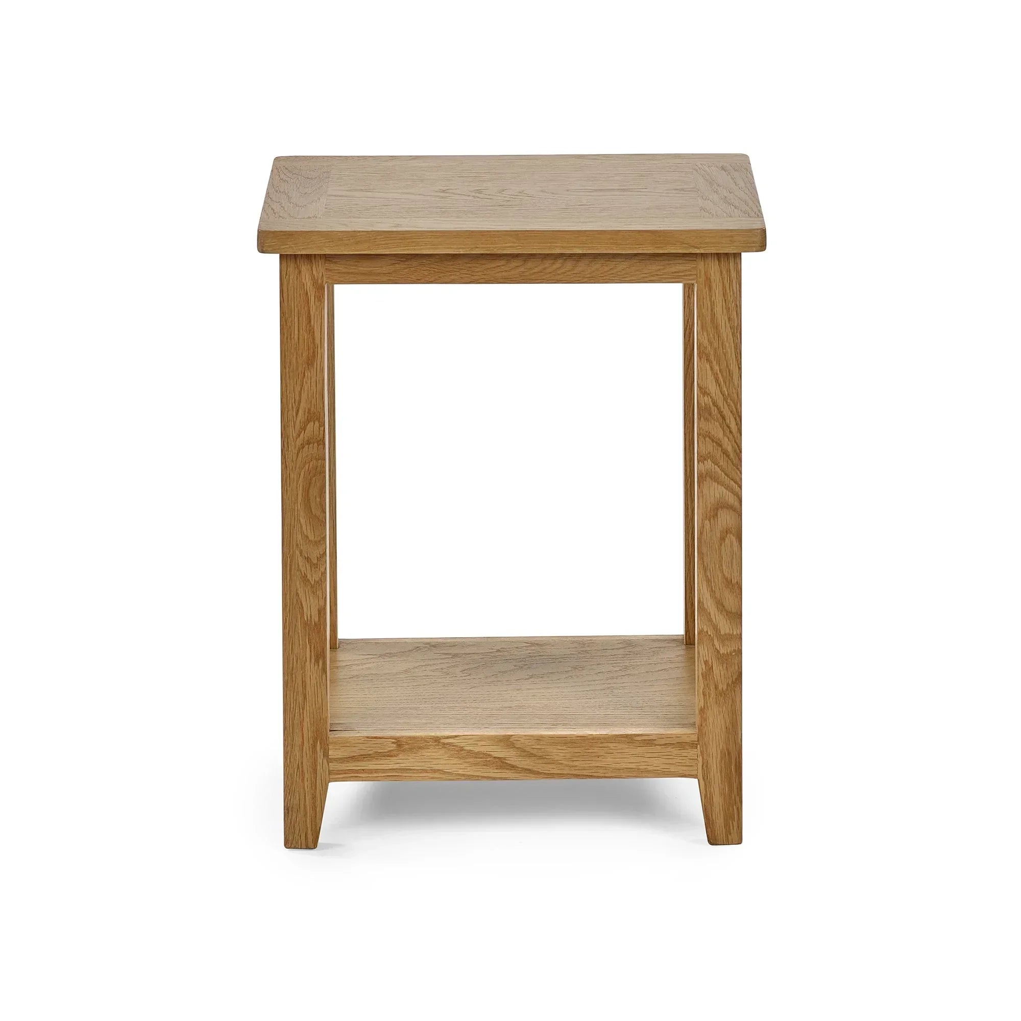 Oak lamp table with shelf, natural wood grain, front view on white background