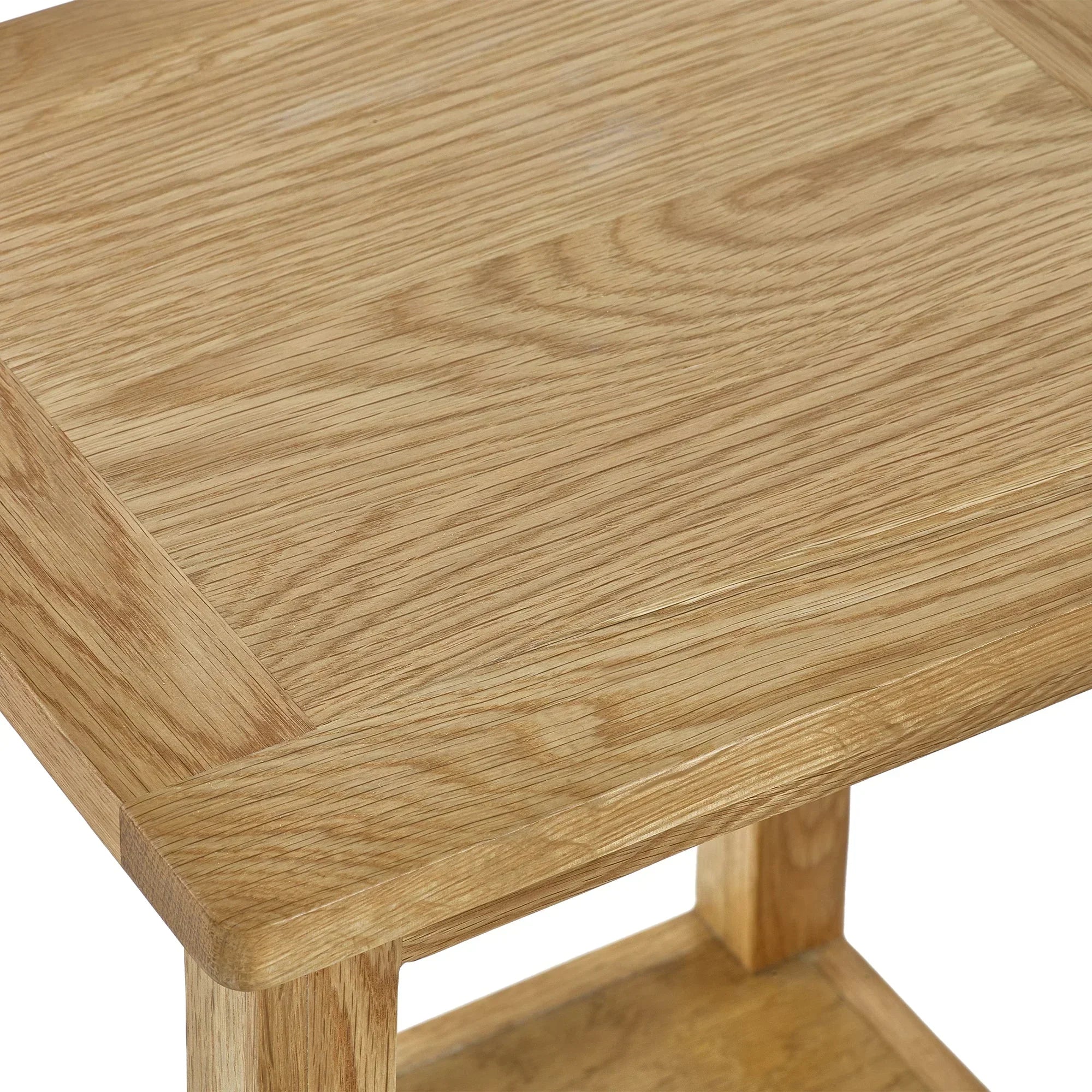 Oak wood lamp table close-up showing smooth grain and sturdy construction