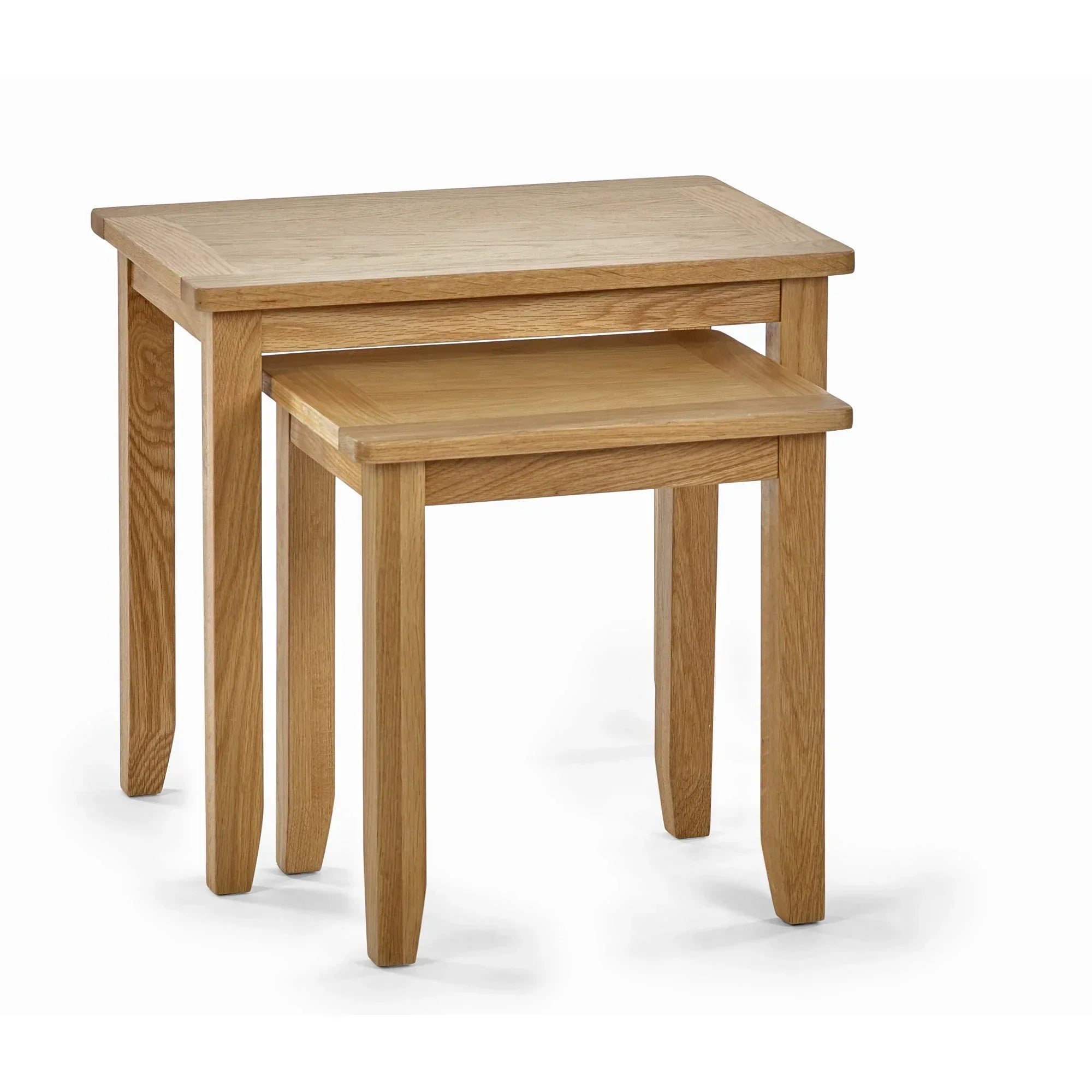Oak nest of 2 tables with simple design and rectangular tops on white background