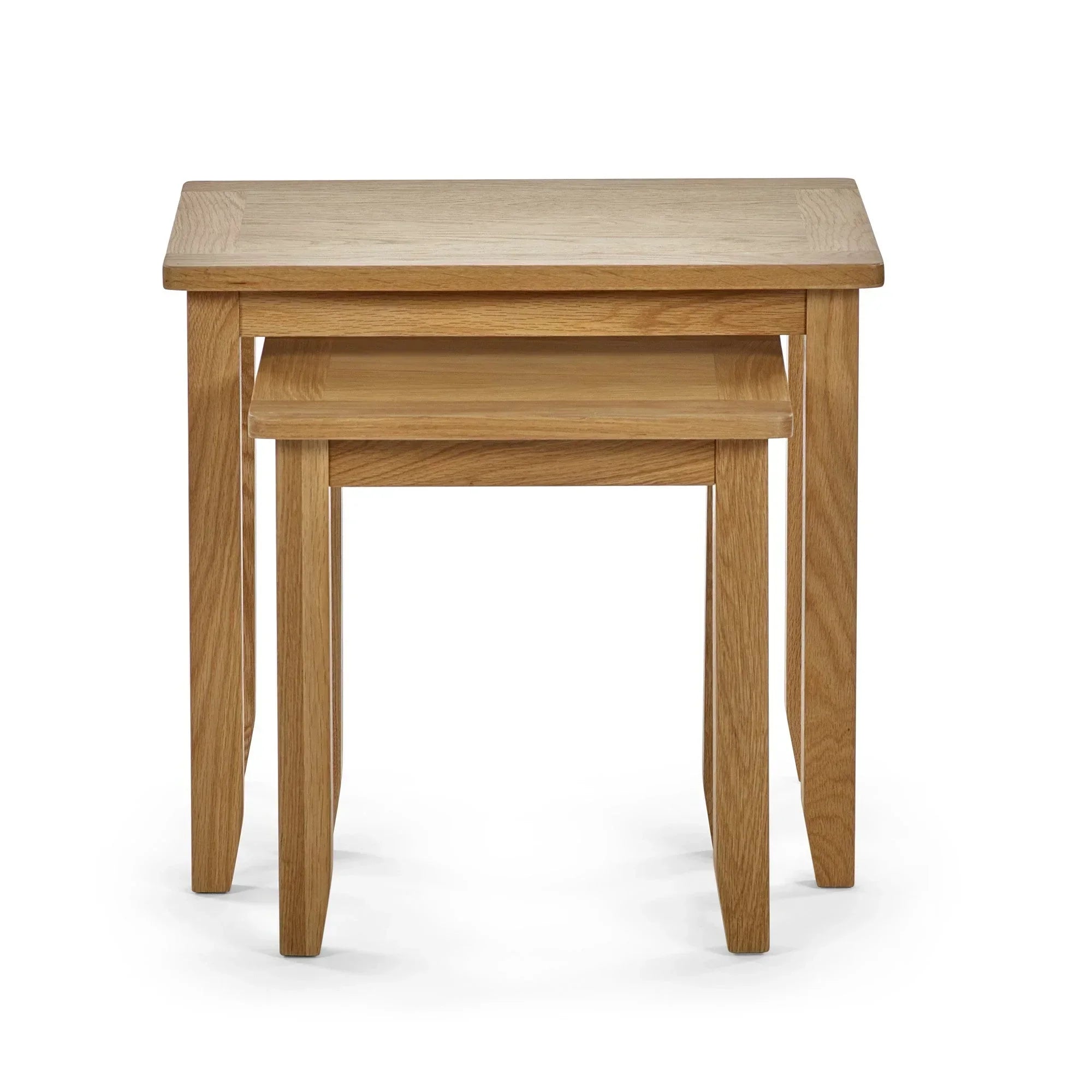 Oak nest of two tables with rectangular tops and tapered legs front view