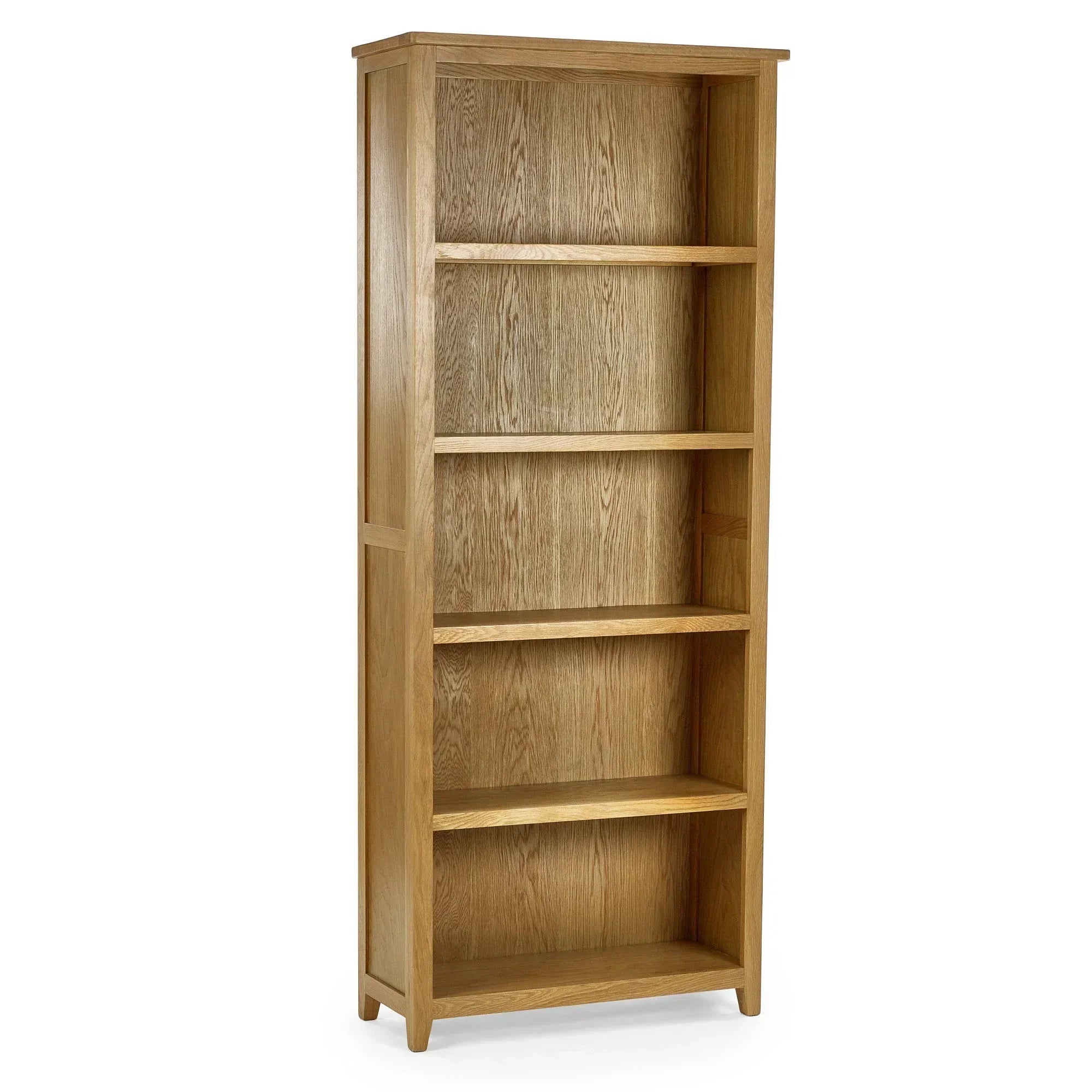 Tall oak bookcase with five shelves and wood grain finish, angled front view