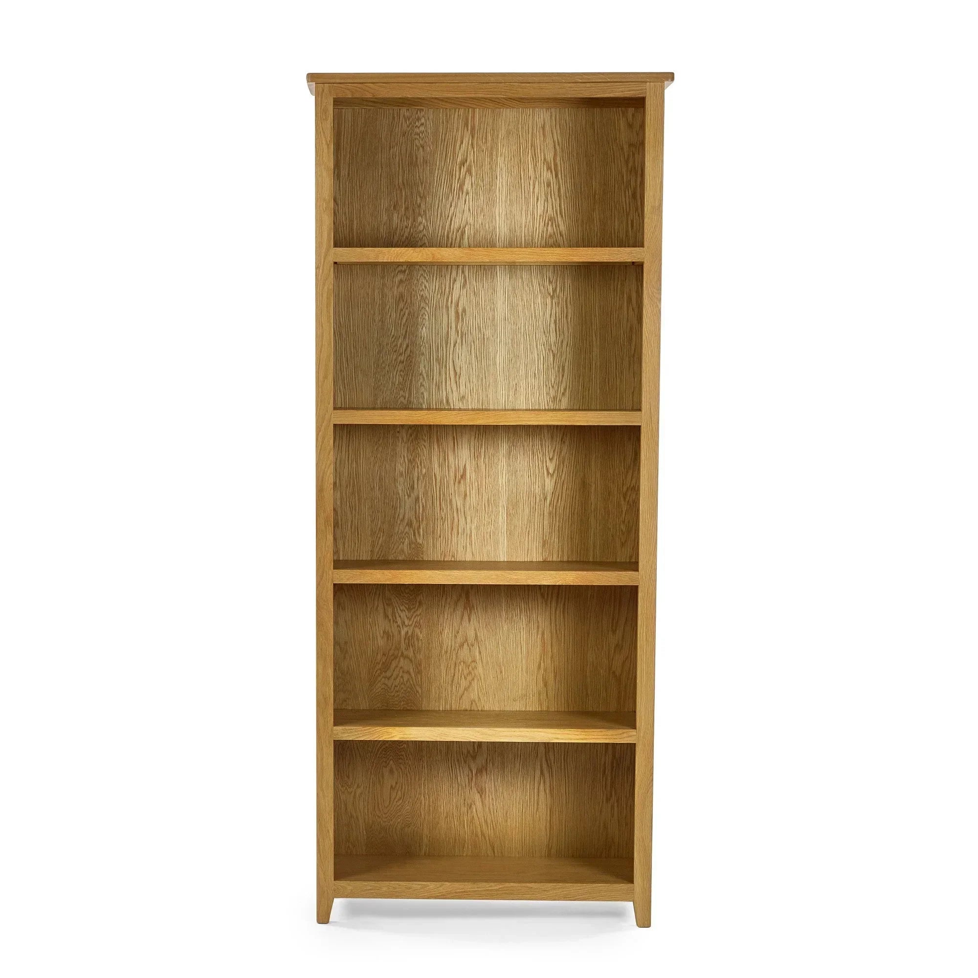 Tall oak bookcase with five shelves and wood grain finish, front view