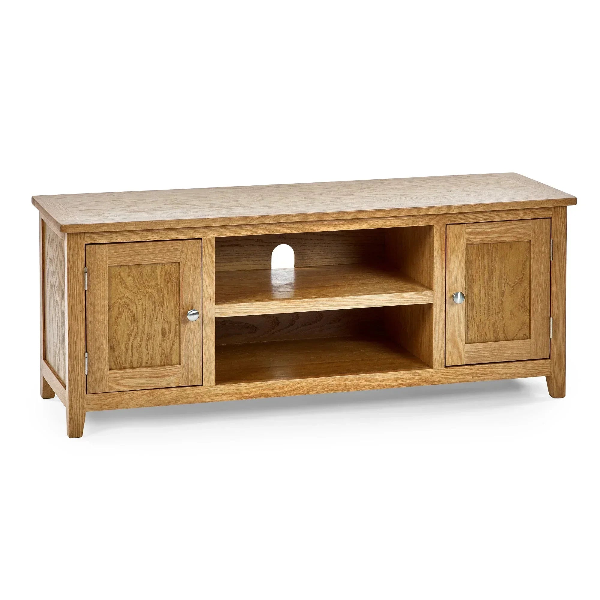 Oak TV unit with two side cabinets, open shelves, and cable hole, front view