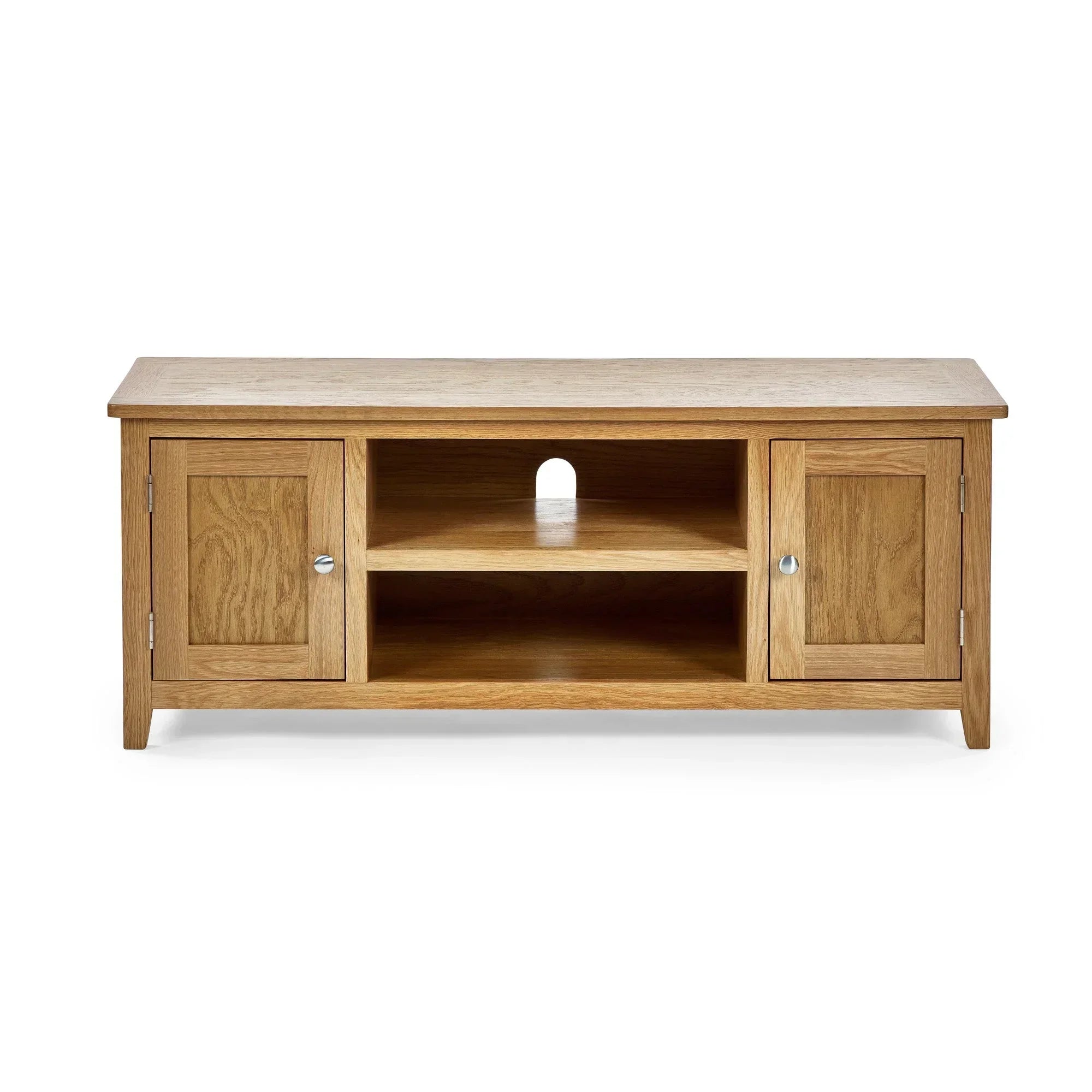 Oak widescreen TV unit with two cabinets, two open shelves, and cable access hole