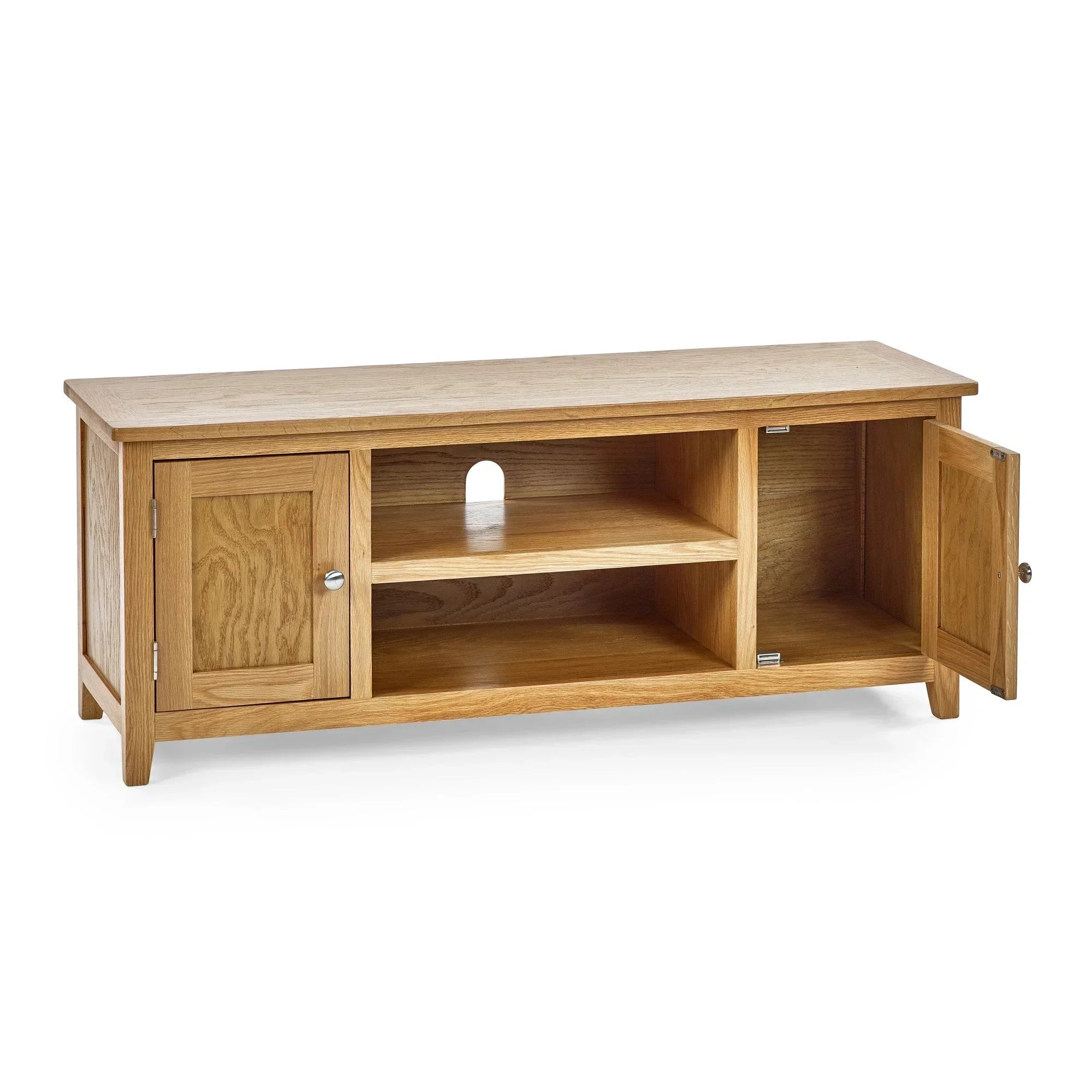 Oak TV unit with open shelves, two cupboards, and cable management cutout