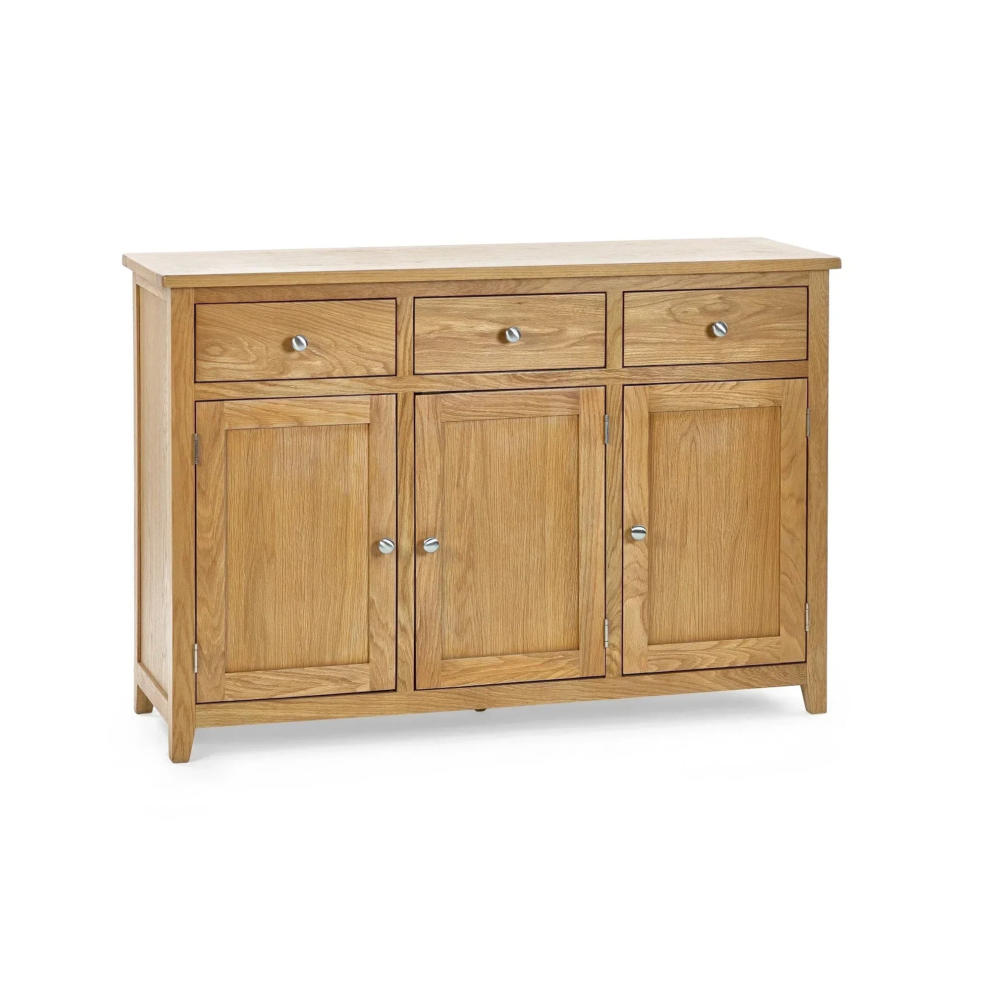 Oak sideboard with three drawers and three cabinet doors, silver handles, on white background