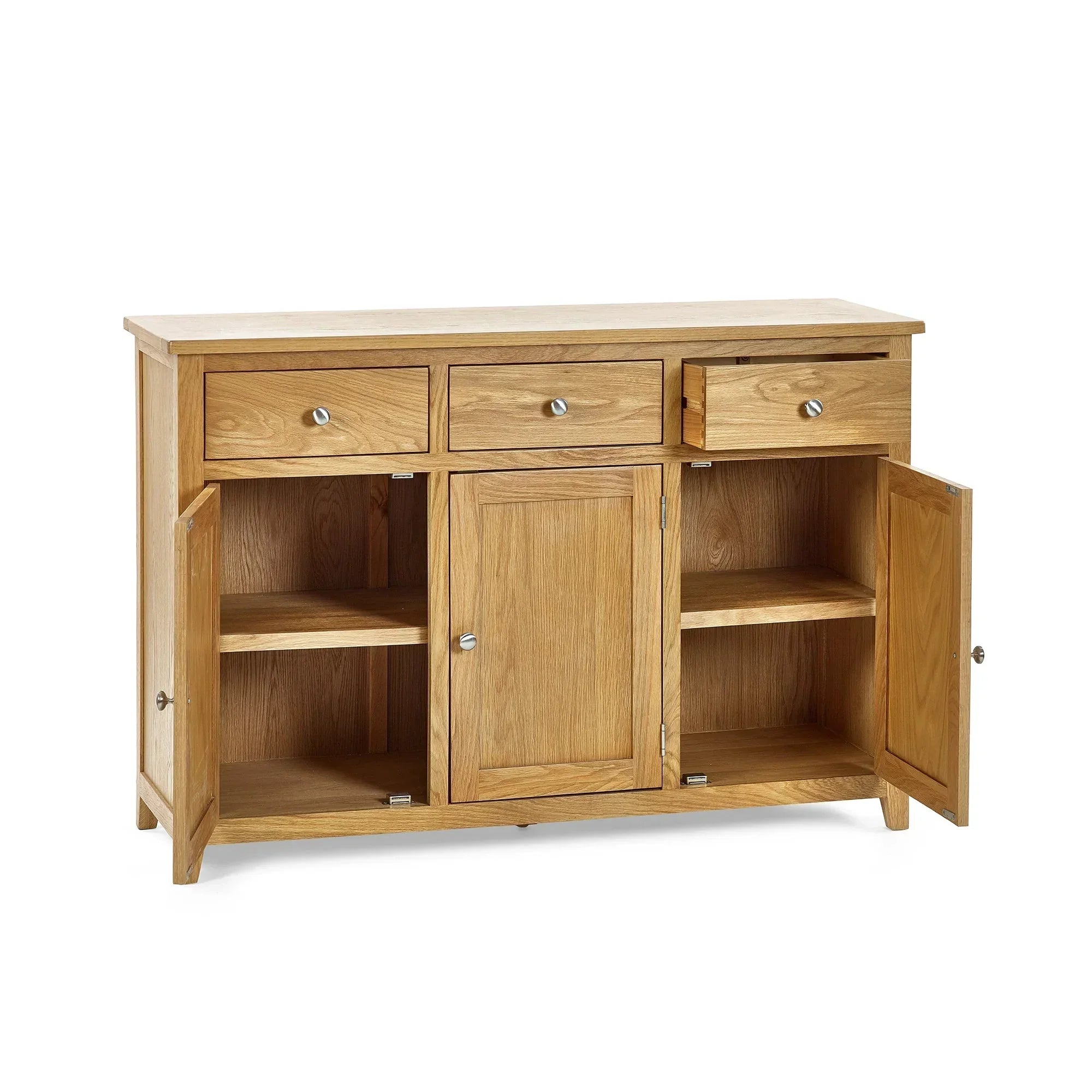 Oak sideboard with three drawers and three open cabinet doors showing interior shelves