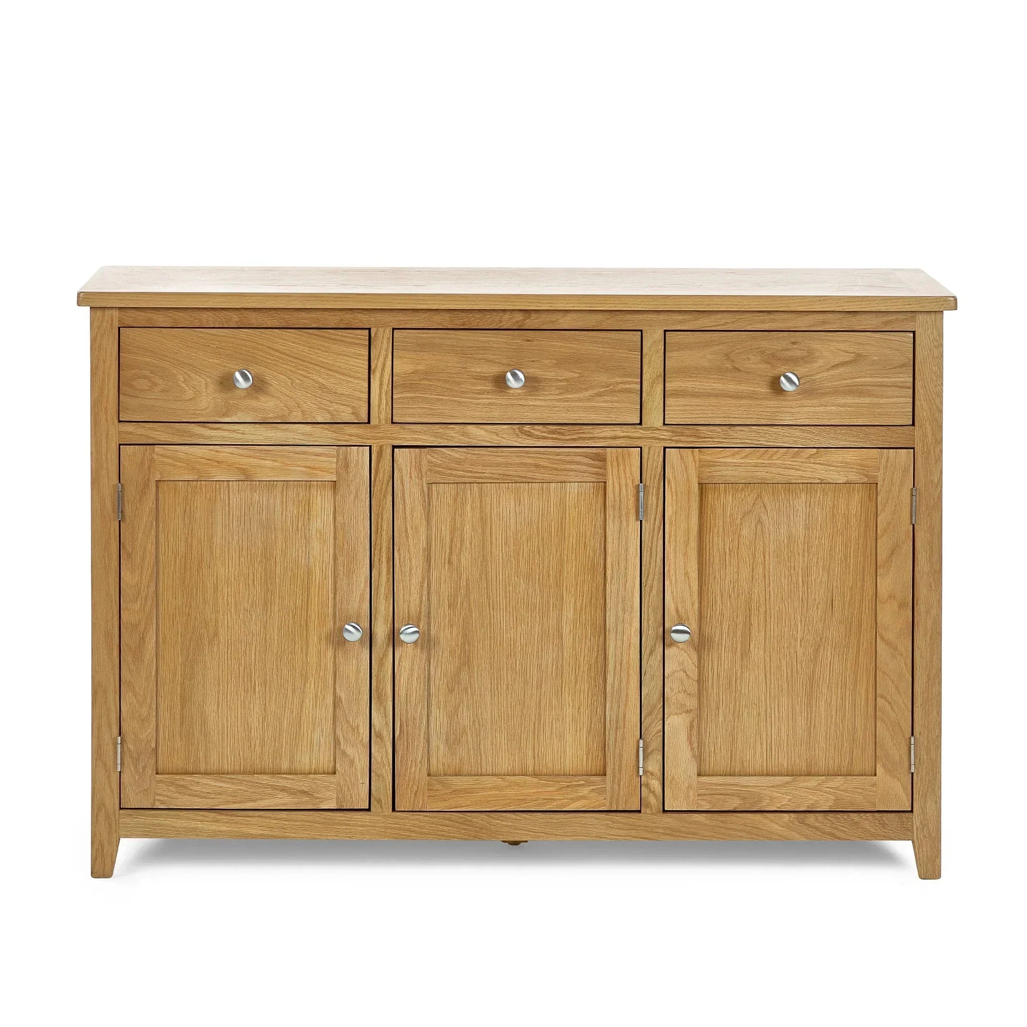 Large oak sideboard with three drawers and three cabinet doors, front view