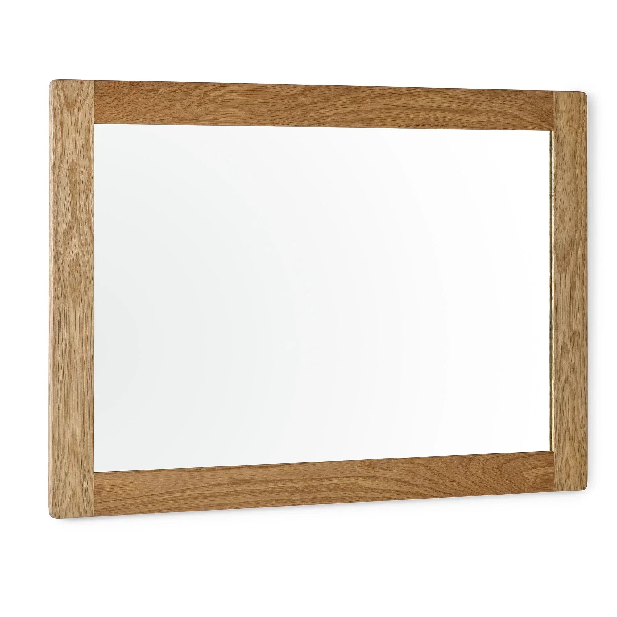 rectangular wall mirror with natural oak wood frame against white background