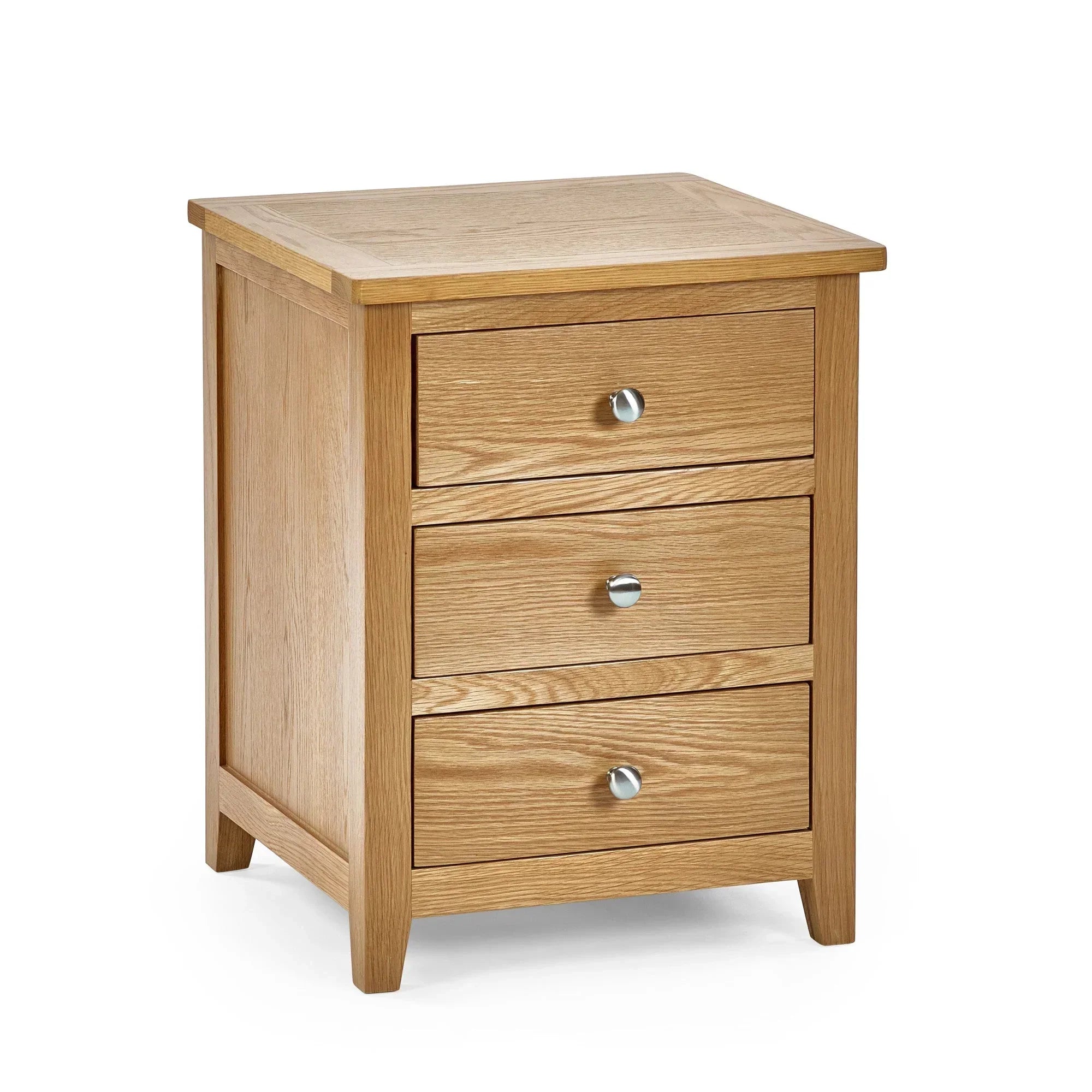 Oak bedside table with three drawers and metal handles, front angle view
