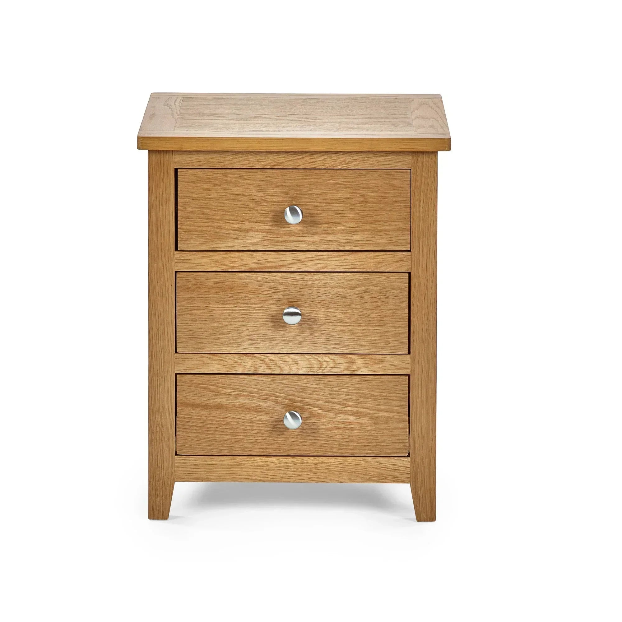 Oak bedside table with three drawers and metal handles, shown front facing