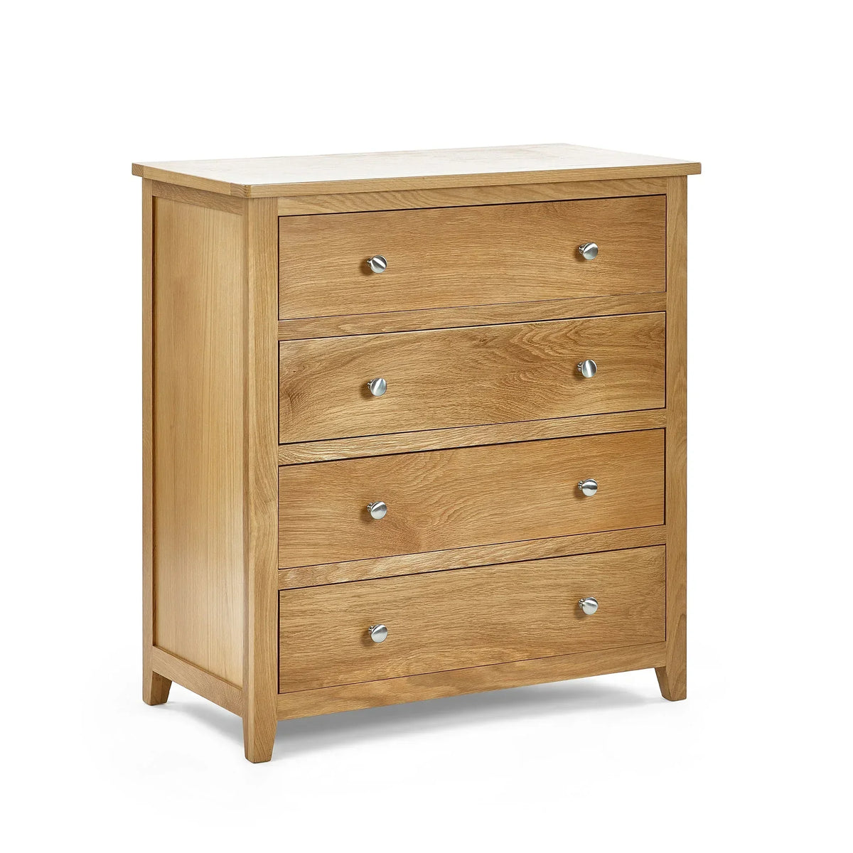 Oak four drawer chest with metal handles on white background