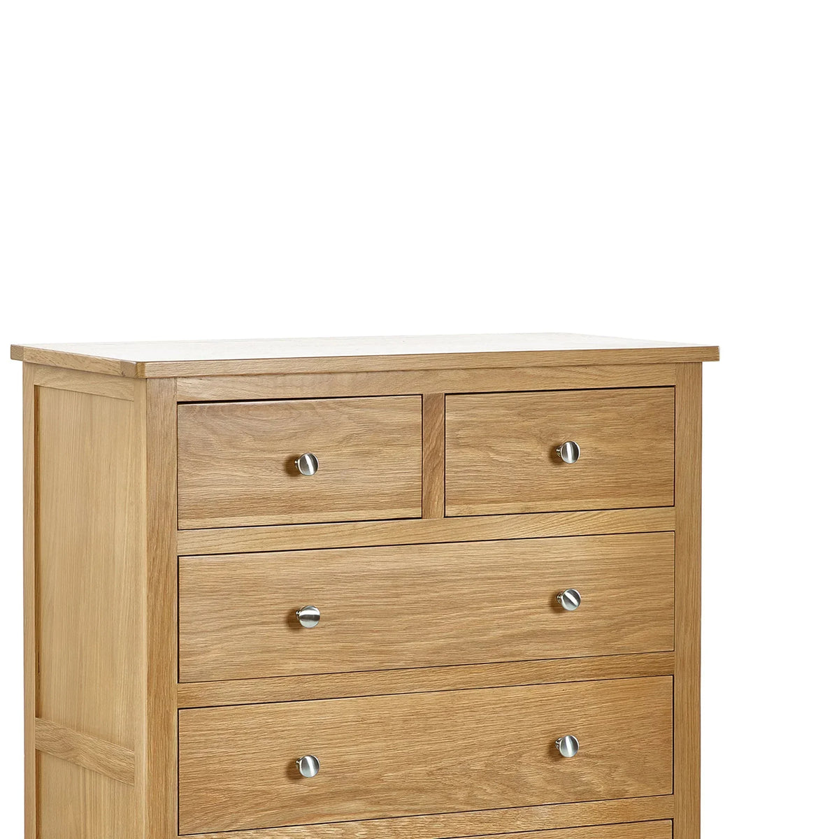 Oak wood chest of drawers with silver handles, two small top drawers, natural finish