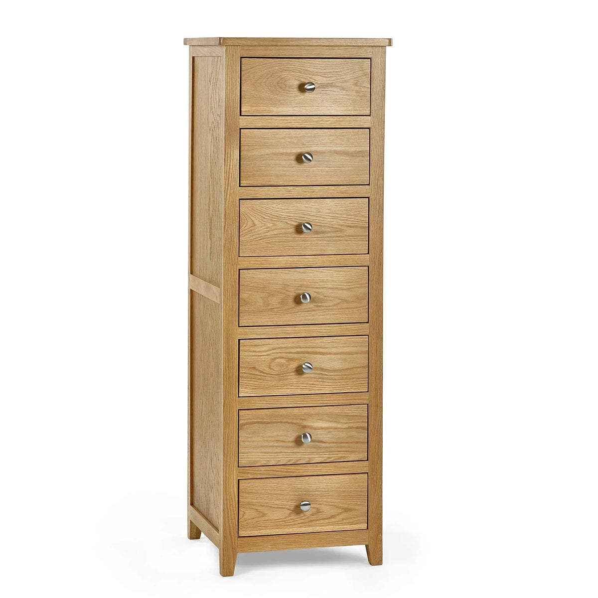 Oak narrow chest of drawers with seven drawers and metal handles, front angle view