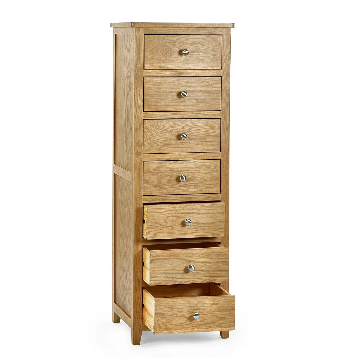 Tall oak chest of drawers with seven narrow drawers, lower three drawers opened
