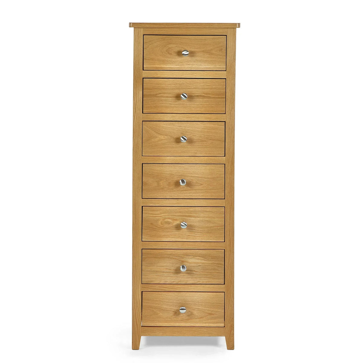 Tall oak narrow chest of drawers with seven drawers and metal handles, front view