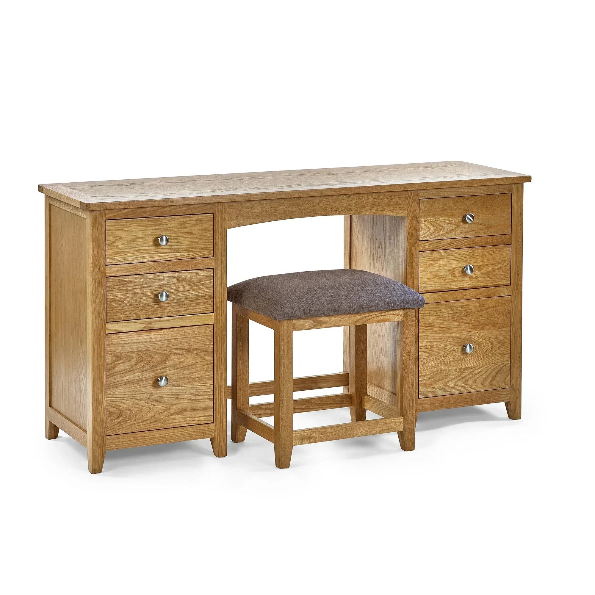 Oak twin dressing table with six drawers and cushioned stool on white background
