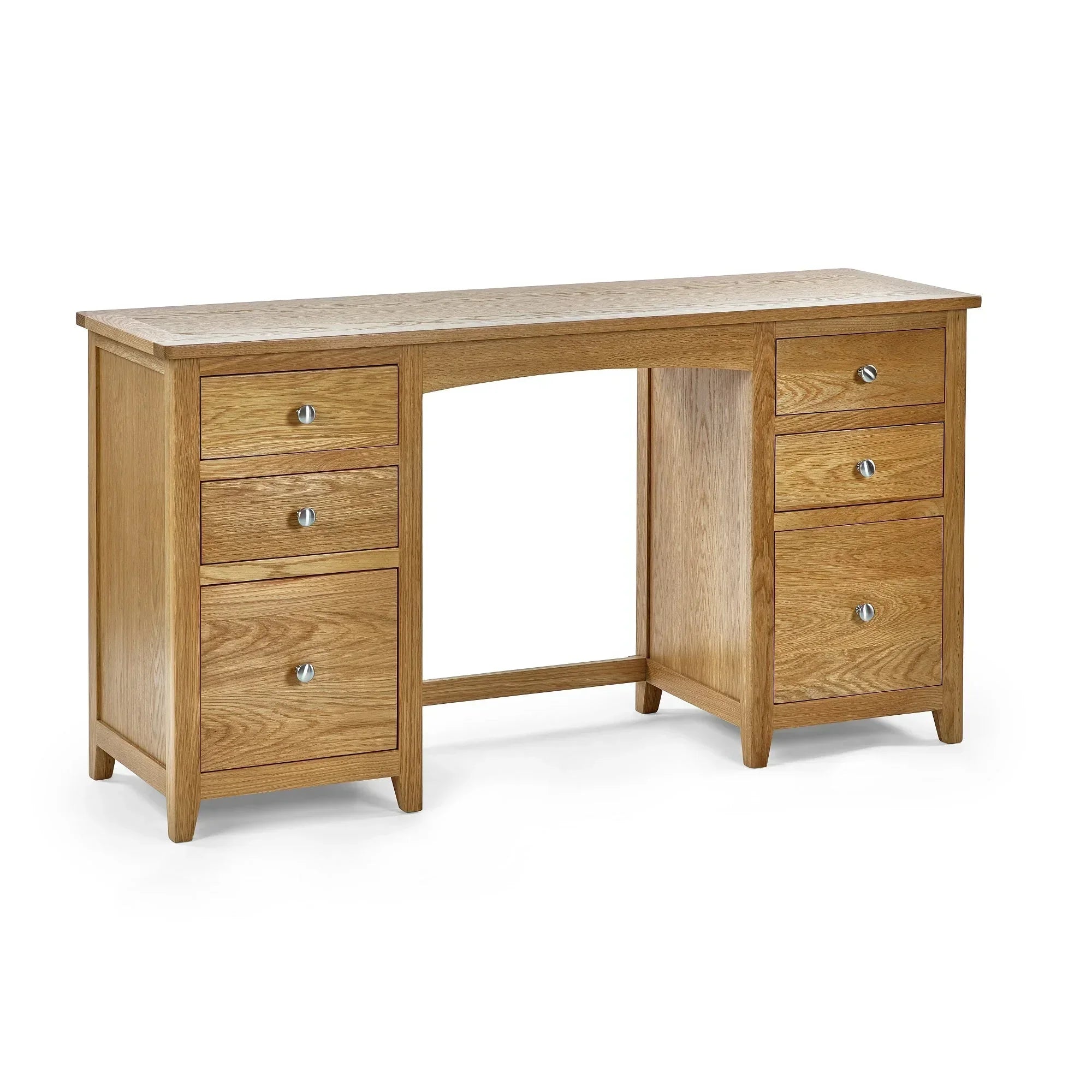 Oak twin dressing table with six drawers and silver handles, straight angle view