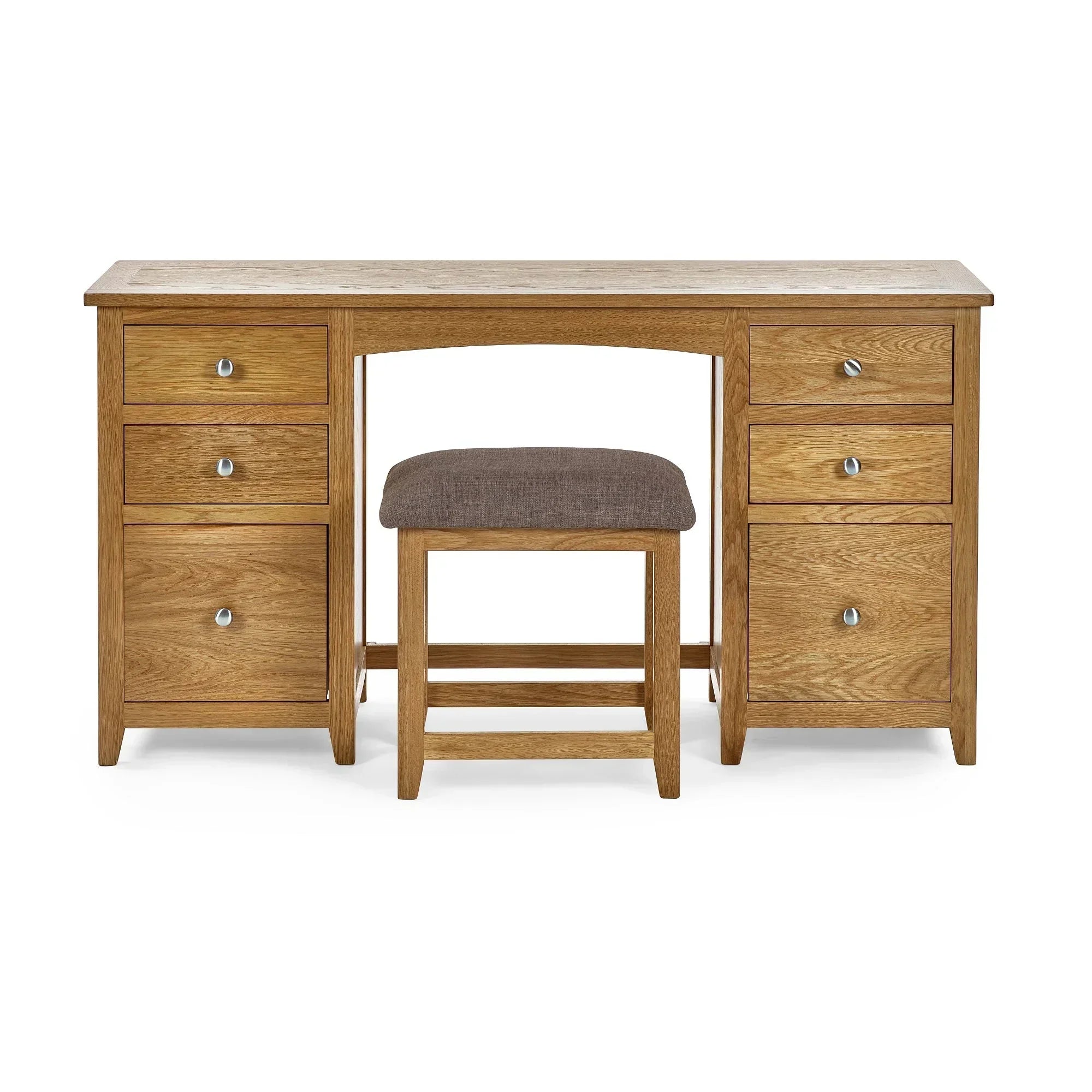 Oak twin dressing table with six drawers and matching cushioned stool, front view