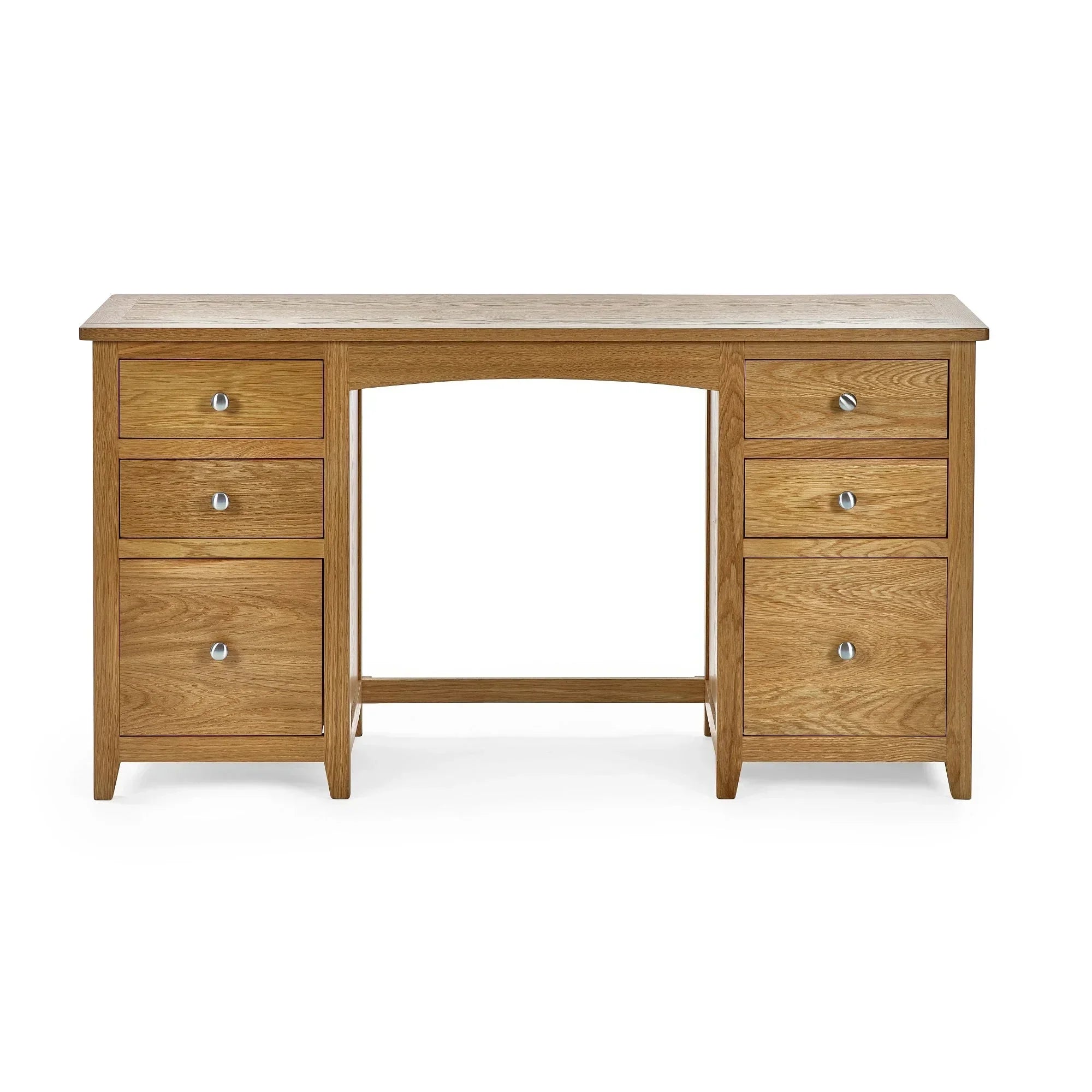 Oak twin dressing table with six drawers and silver handles, shown from the front
