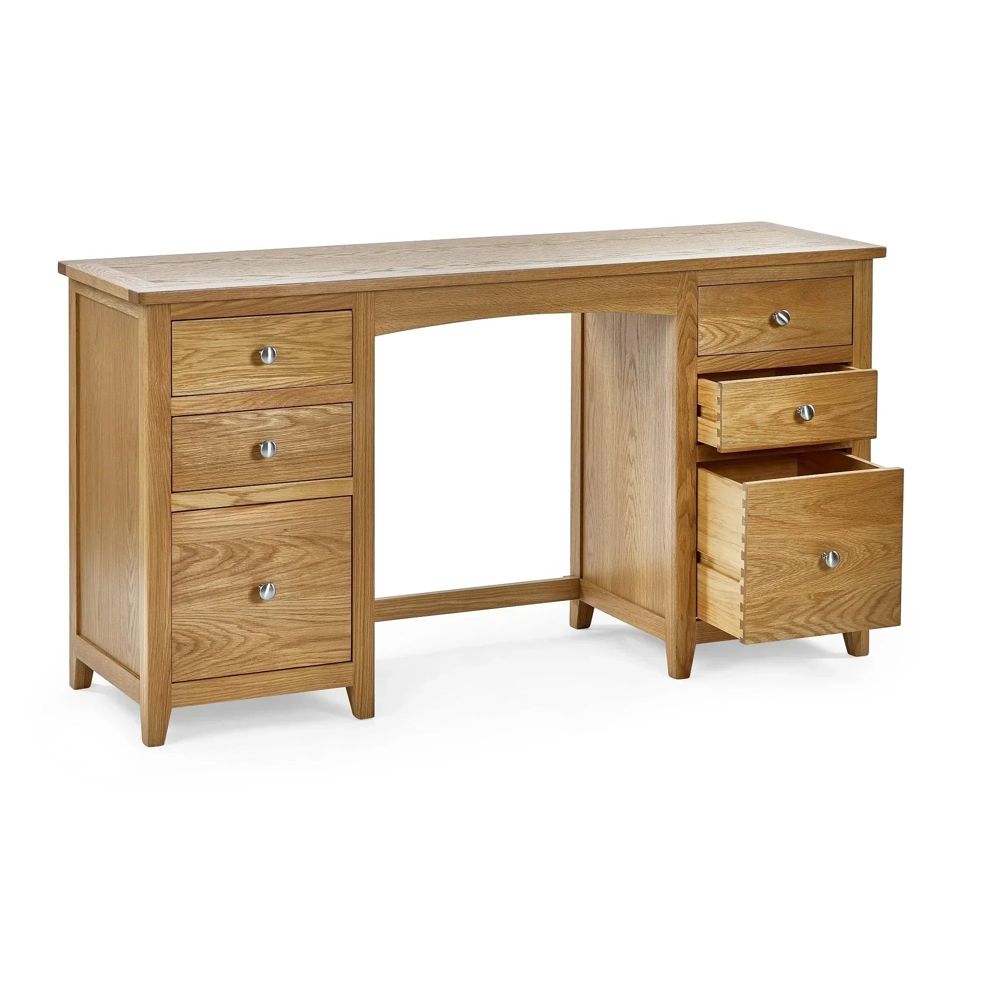 Oak dressing table with six drawers, two open, shown on a white background