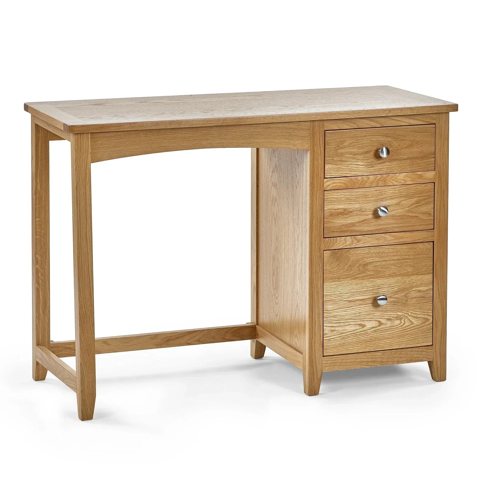 Oak dressing table with three drawers and silver handles on white background