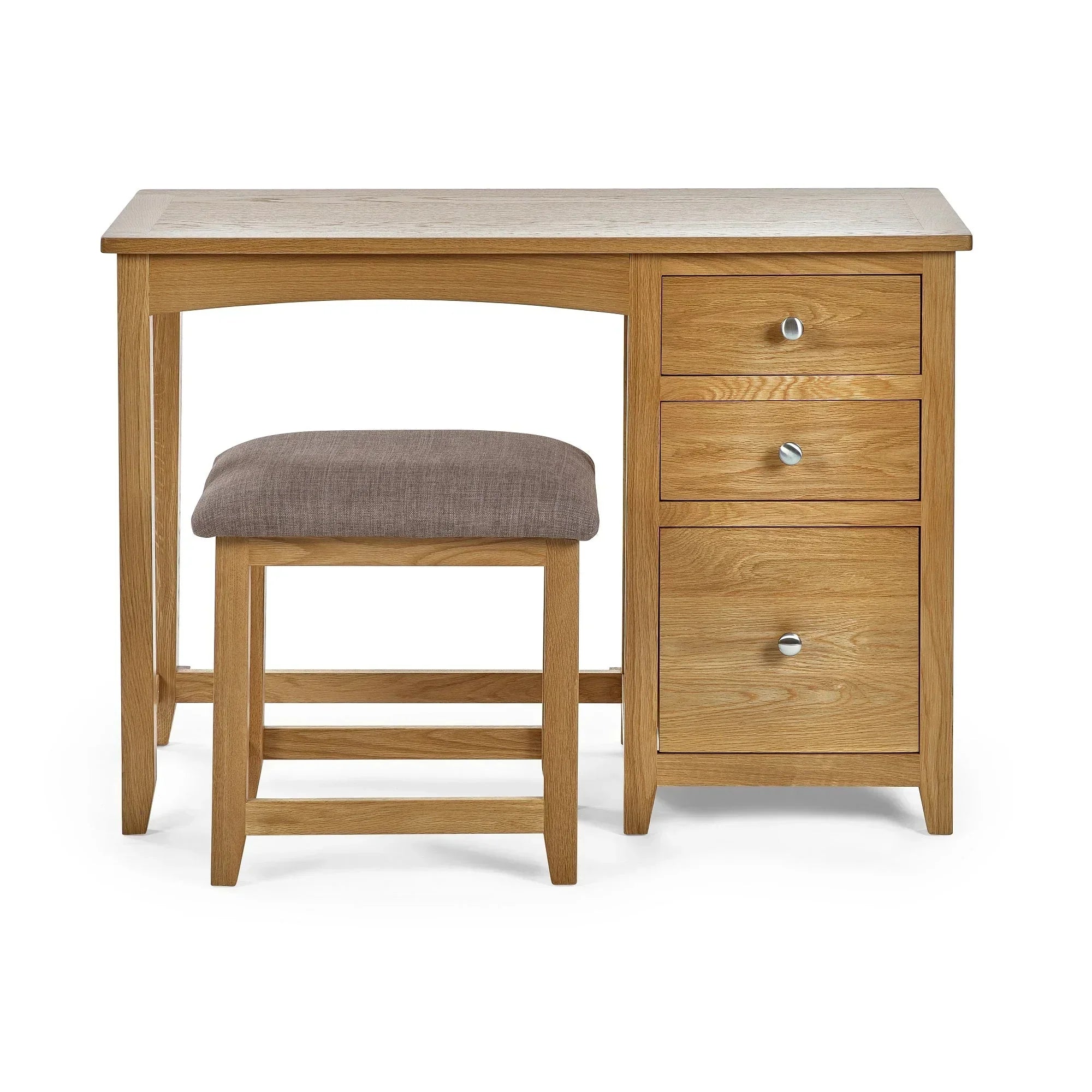 Oak dressing table with three drawers and matching cushioned stool, front view