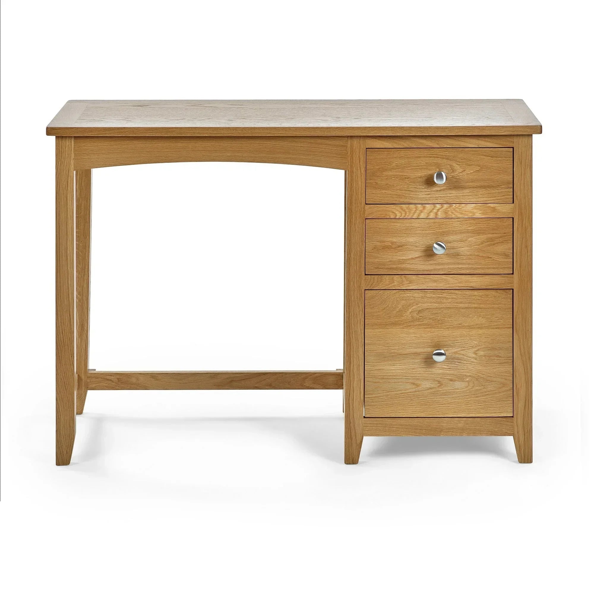Oak dressing table with three drawers and chrome handles against white background