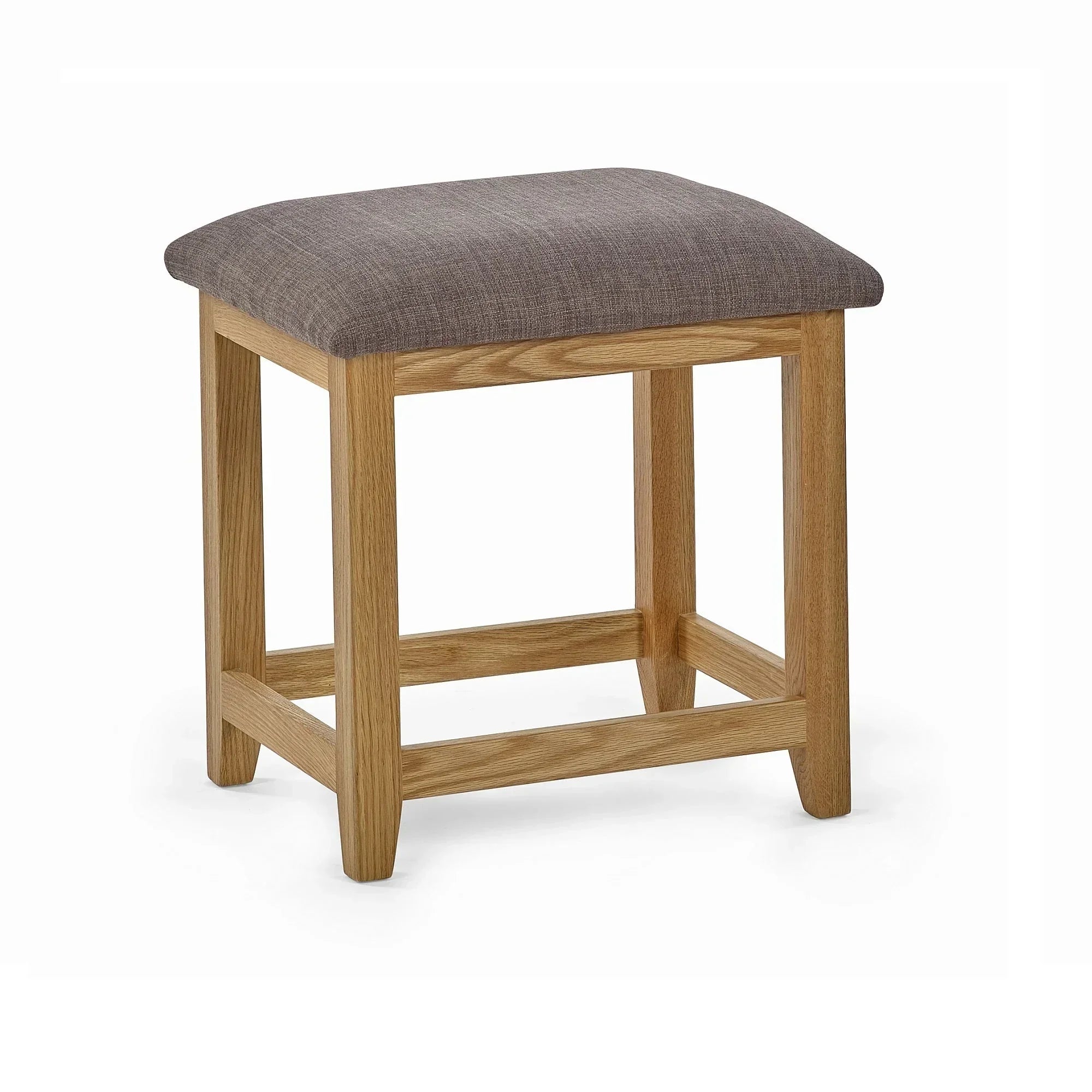 Oak dressing table stool with padded grey fabric seat and wooden frame, studio view