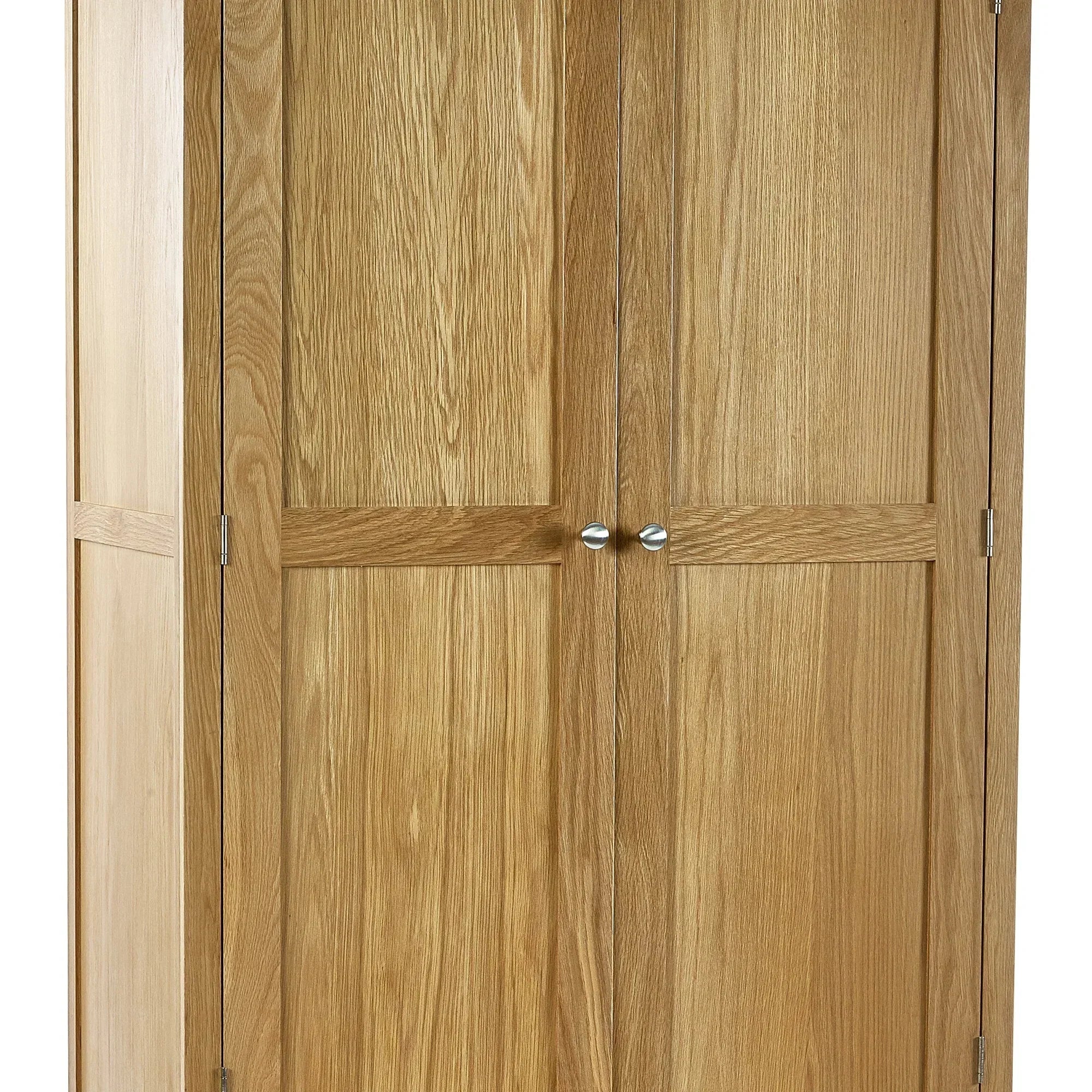 Oak combination wardrobe with double panel doors and silver handles, close-up view