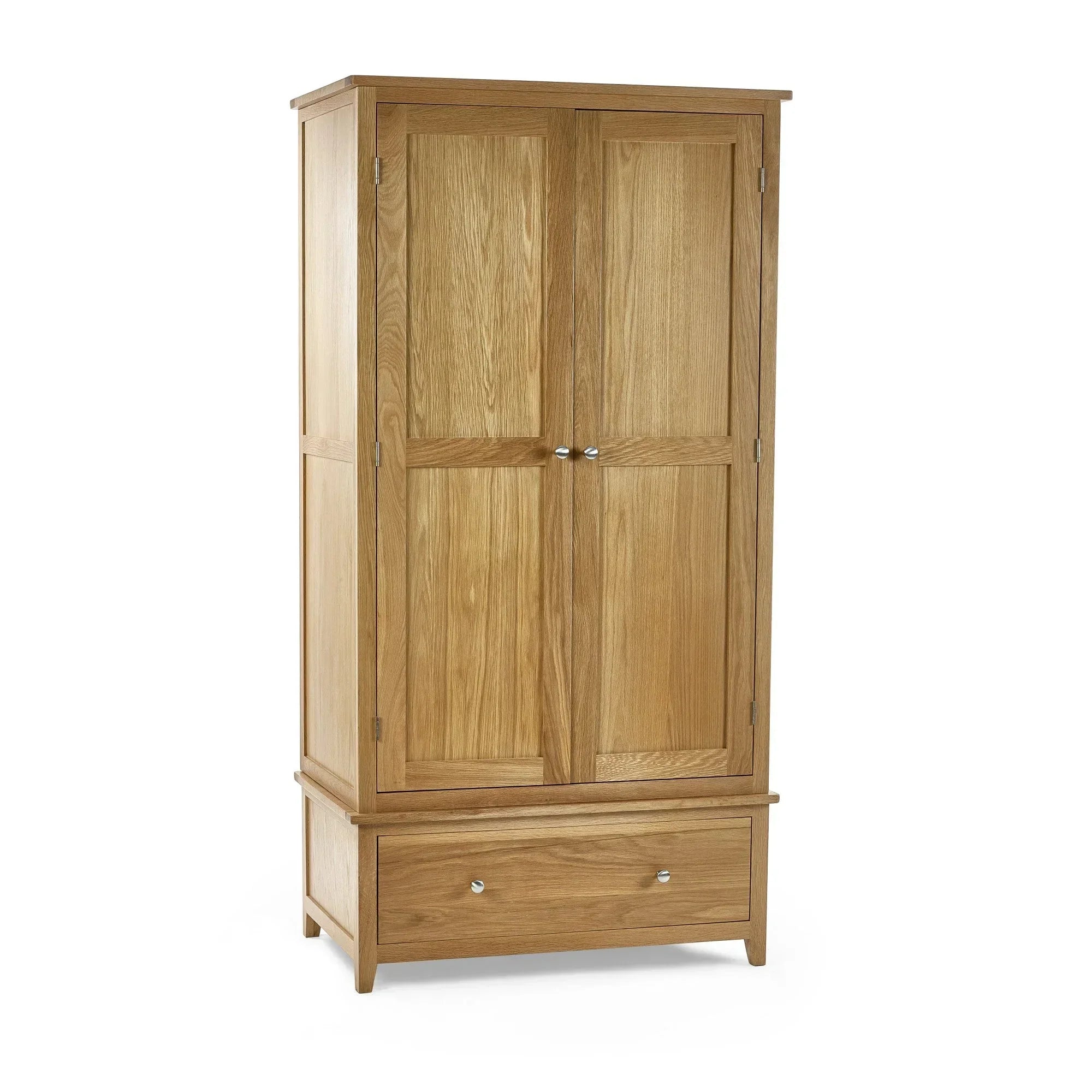 Oak combination wardrobe with double doors and lower drawer, shown against white background