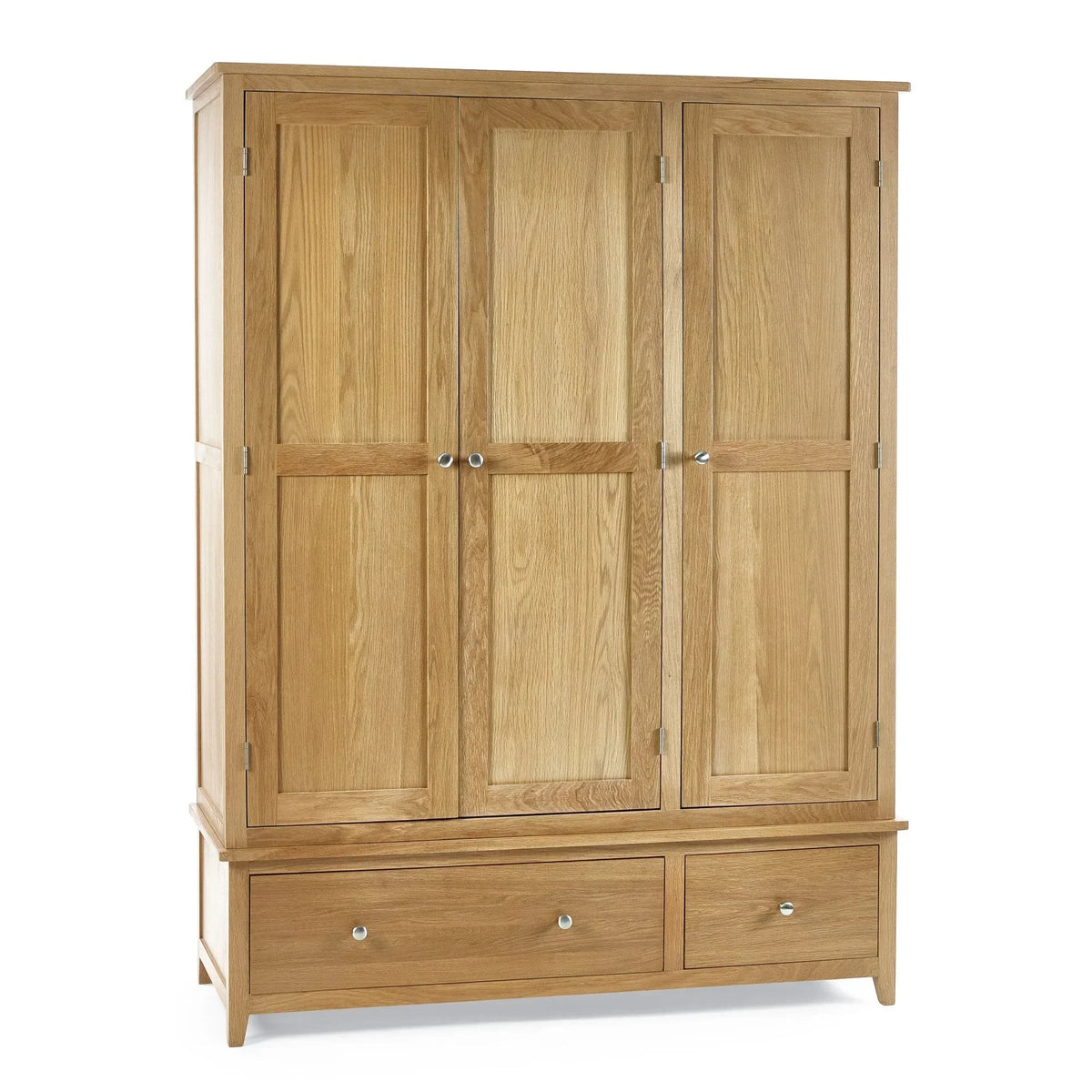 Oak 3 door wardrobe with panelled doors and two bottom drawers, front view