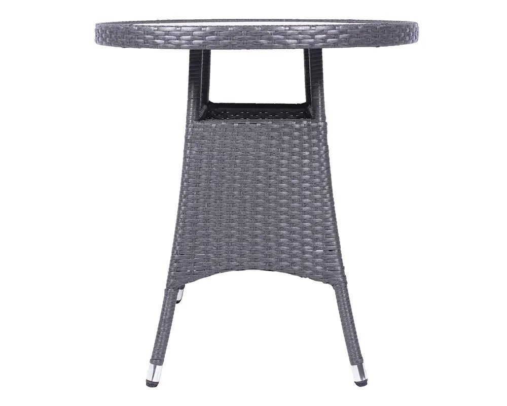 Grey rattan garden bistro table with woven pattern and metal leg caps