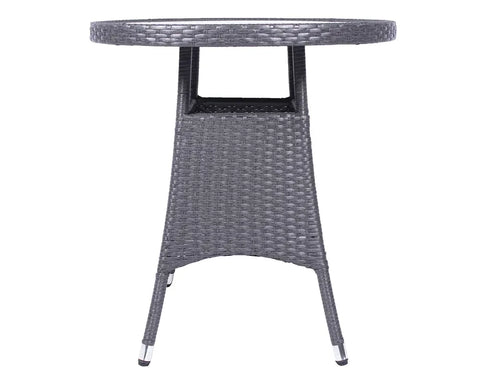 Grey rattan garden bistro table with woven pattern and metal leg caps