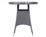 Grey rattan garden bistro table with woven pattern and metal leg caps