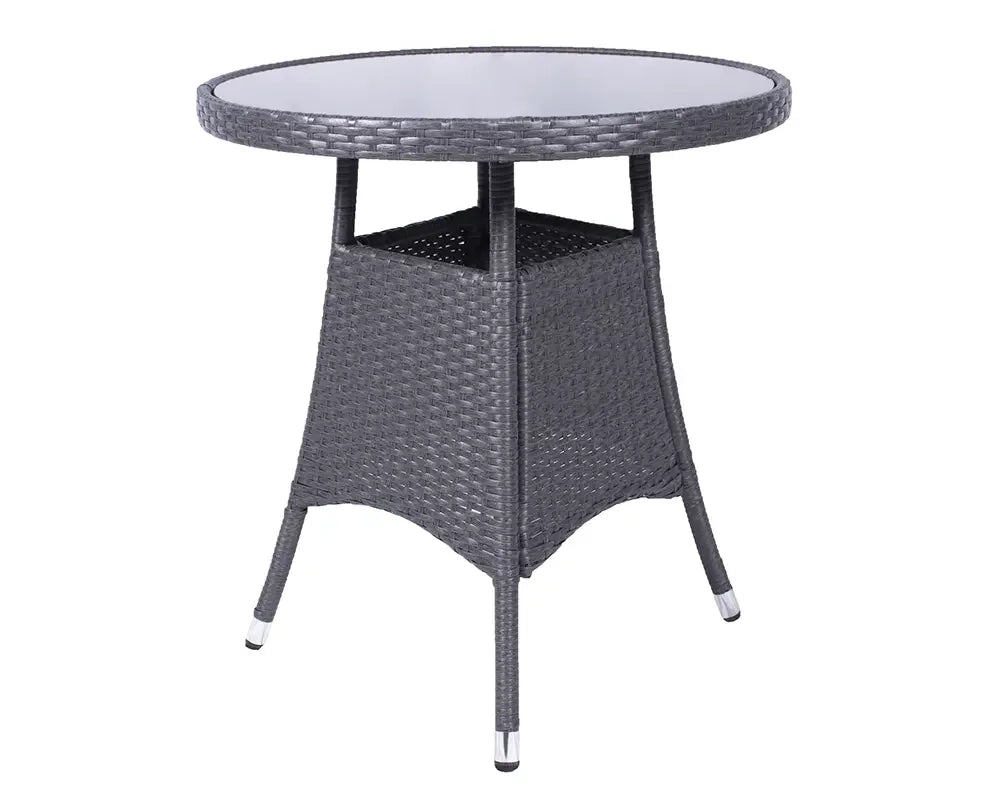 Round rattan garden table with glass top and grey woven base